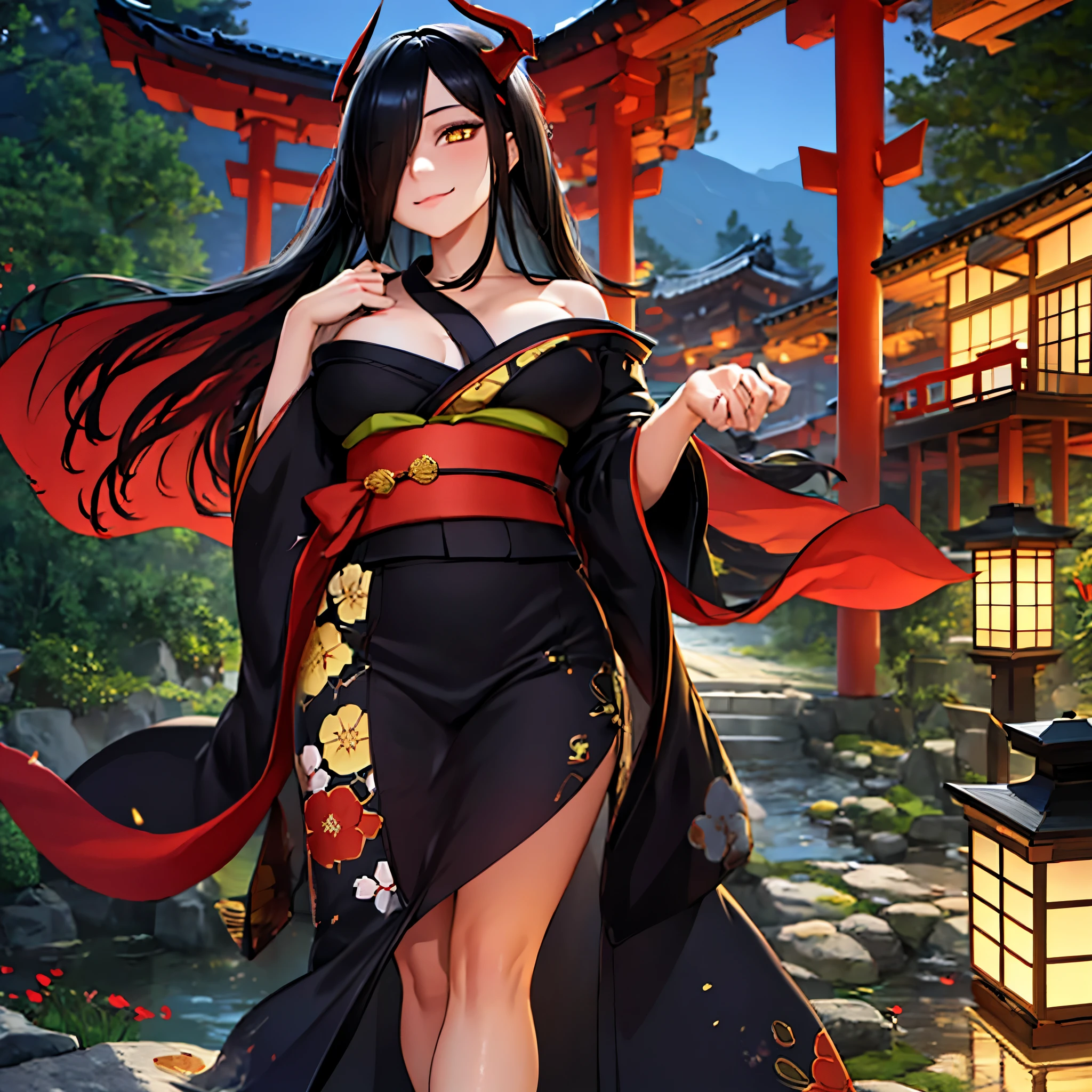 A woman wearing a long black yukata with red and gold details, long black hair, red horns, long red fur cape, yellow eyes, smiling, walking in a Japanese garden at night, traditional Japanese arch in the background, big breasts,Surrealism, drop shadow, anaglyph, stereogram, tachi-e, pov, atmospheric perspective, 8k, super detail, ccurate, best quality, award winning, textured skin, highres, anatomically correct, (woman solo)
