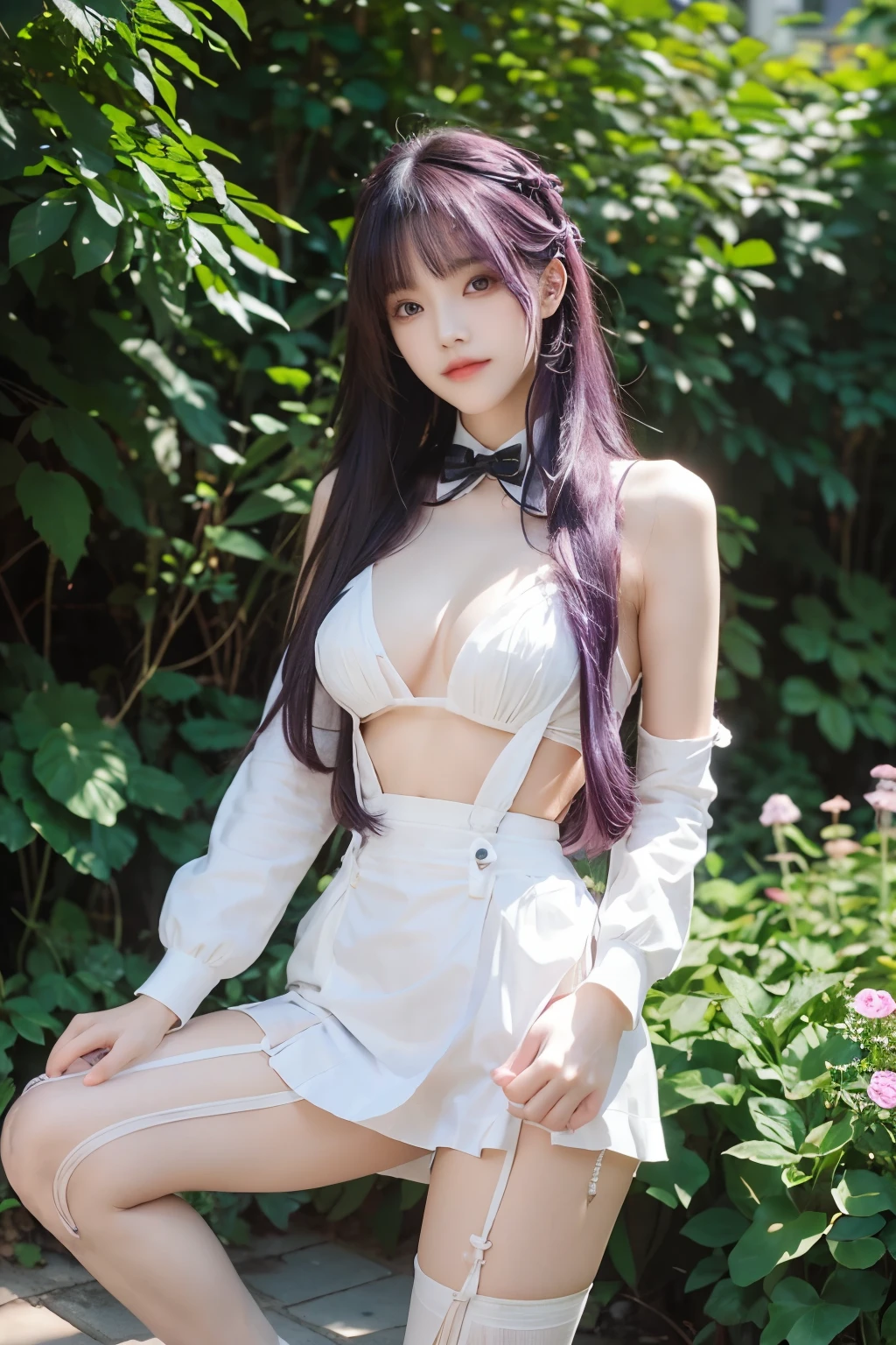 Beautiful woman with perfect body：1.4，Layered Hairstyle，Prominent cleavage，Highly detailed face and skin textures，Double eyelids，Skin Whitening，Long hair，Whitened long legs，Purple Hair，（Tight suspenders，miniskirt，White pantyhose）Stand in the garden