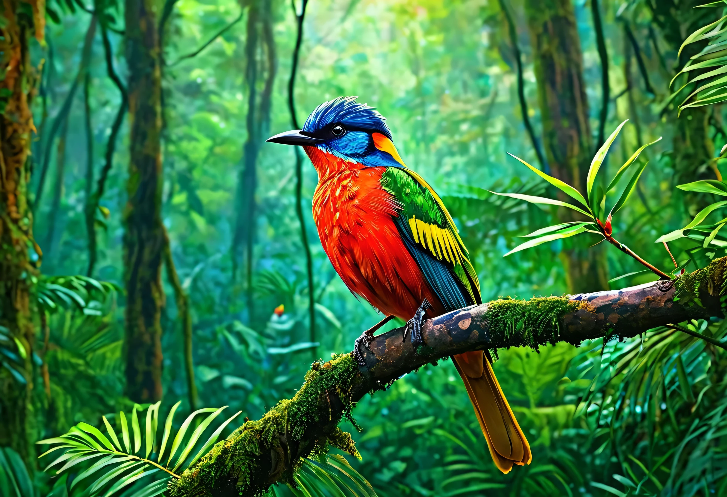 A picture of a colorful bird perched on a branch in the forest, Beautiful Art UHD 4K, very Beautiful digital art, Beautiful digital painting, Beautiful digital art, Colorful HD images, Rare bird in the jungle, Beautiful Nature, Beautiful digital artwork, Nature Wallpaper, really Beautiful Nature, Highly detailed digital art in 4K, Detailed painting 4k, looking majestic in forest