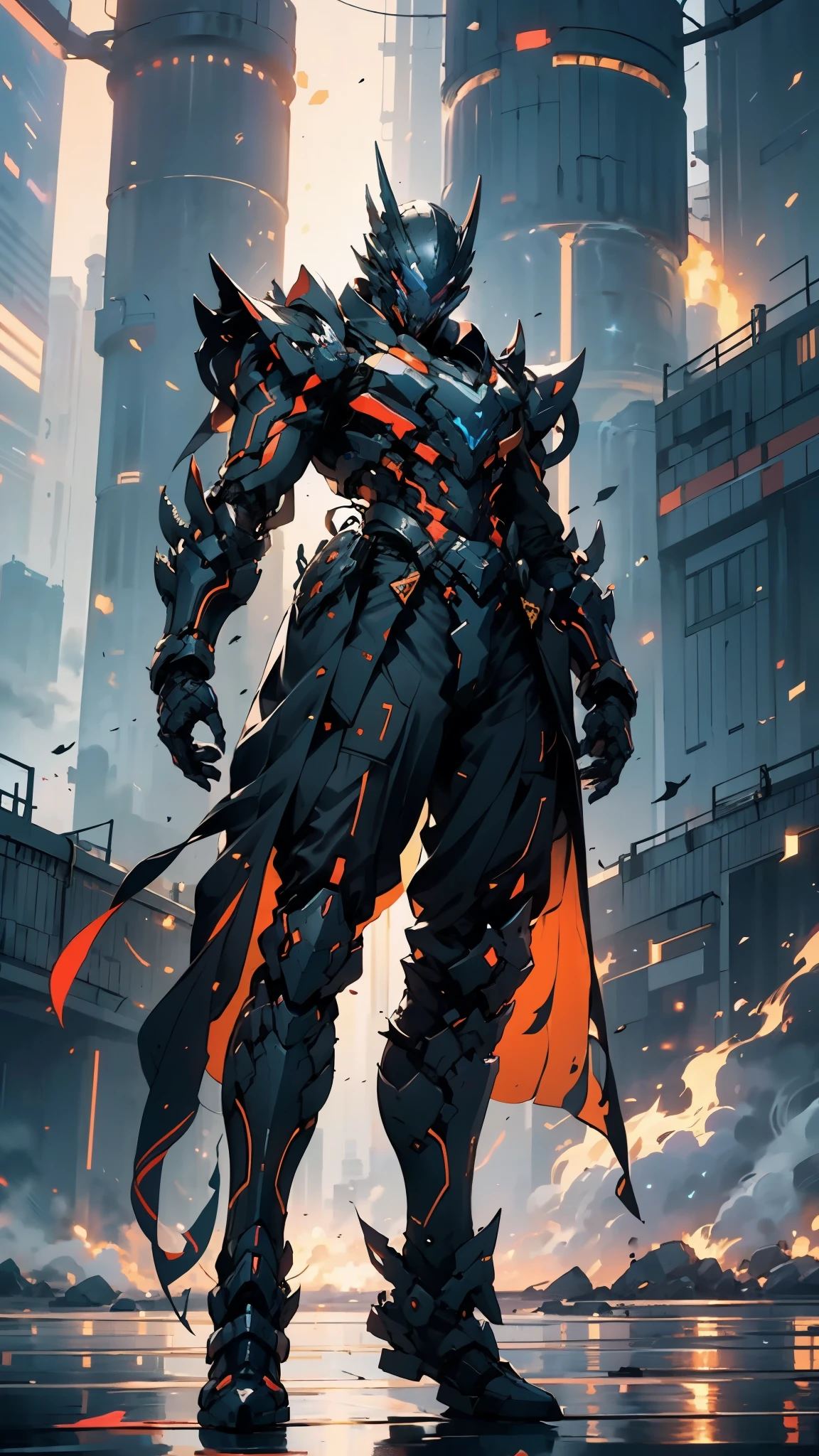 A man wearing a full-face helmet, a fantasy-style biomecha armored combat suit, green eyes, a composite layered chest armor, fully enclosed shoulder guards, matching arm and leg guards, the belt is adorned with dragon claw grasping orbs, primarily black with red accents, the design balances heavy with agility, a high-tech biological armor, (concept inspired by dragons, stand on the top of a skyscraper in a futuristic sci-fi city), this character embodies a finely crafted fantasy-surreal style armored hero in anime style, exquisite and mature manga art style, ((male:1.5, element, plasma, energy, the armor glows)), metallic, real texture material, dramatic, high definition, best quality, highres, ultra-detailed, ultra-fine painting, extremely delicate, professional, perfect body proportions, golden ratio, anatomically correct, symmetrical face, extremely detailed eyes and face, high quality eyes, creativity, RAW photo, UHD, 32k, Natural light, cinematic lighting, masterpiece-anatomy-perfect, masterpiece:1.5