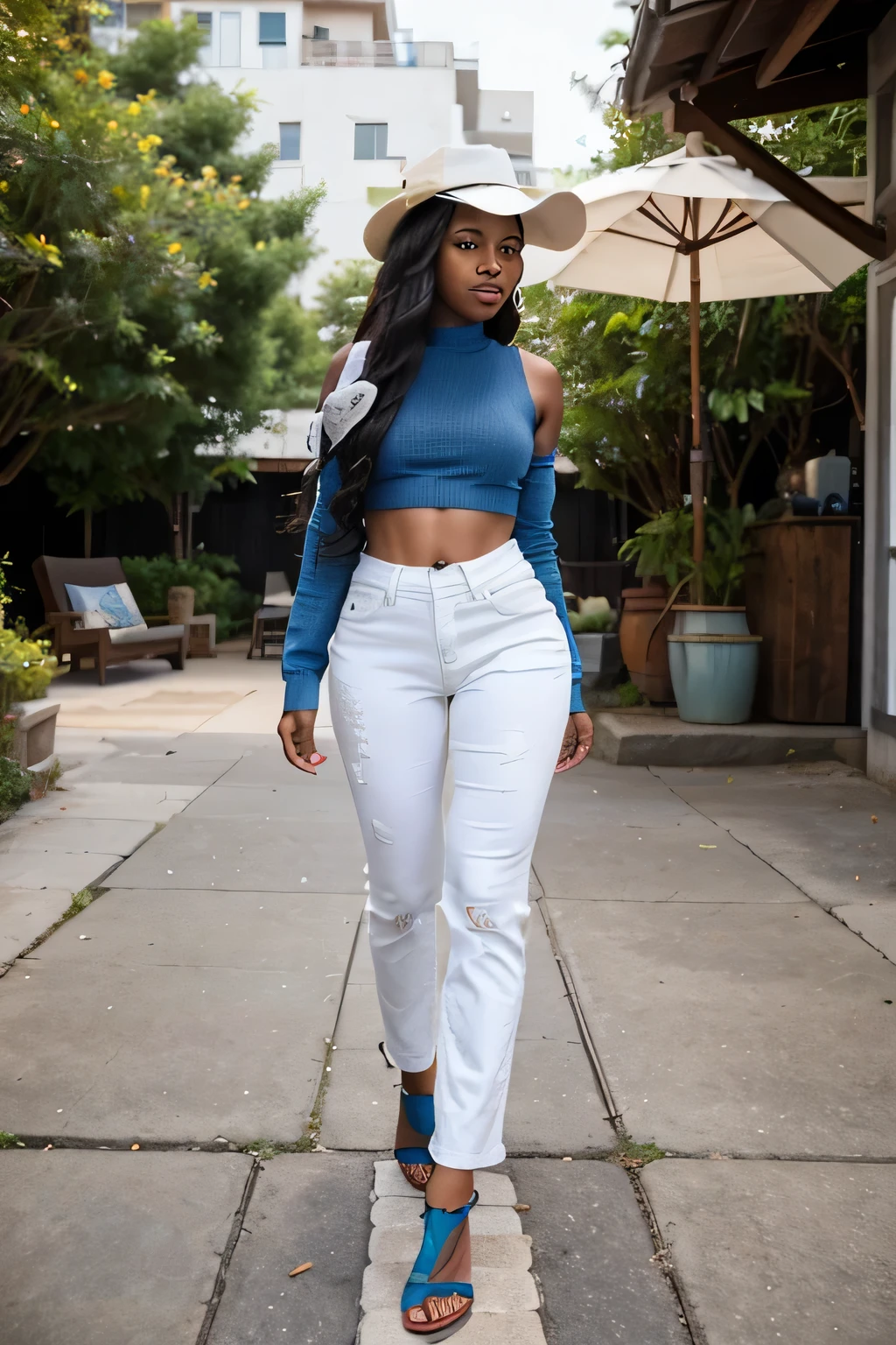 A girl of black ethnicity, with long wavy hair, has a thick build. She is wearing blue jeans paired with a white crop top. Her choice of footwear is white closed-toe heels. The setting is outdoors, providing a natural backdrop. The photo should capture a realistic depiction of the girl in full body, showcasing her outfit and the outdoor setting around her.