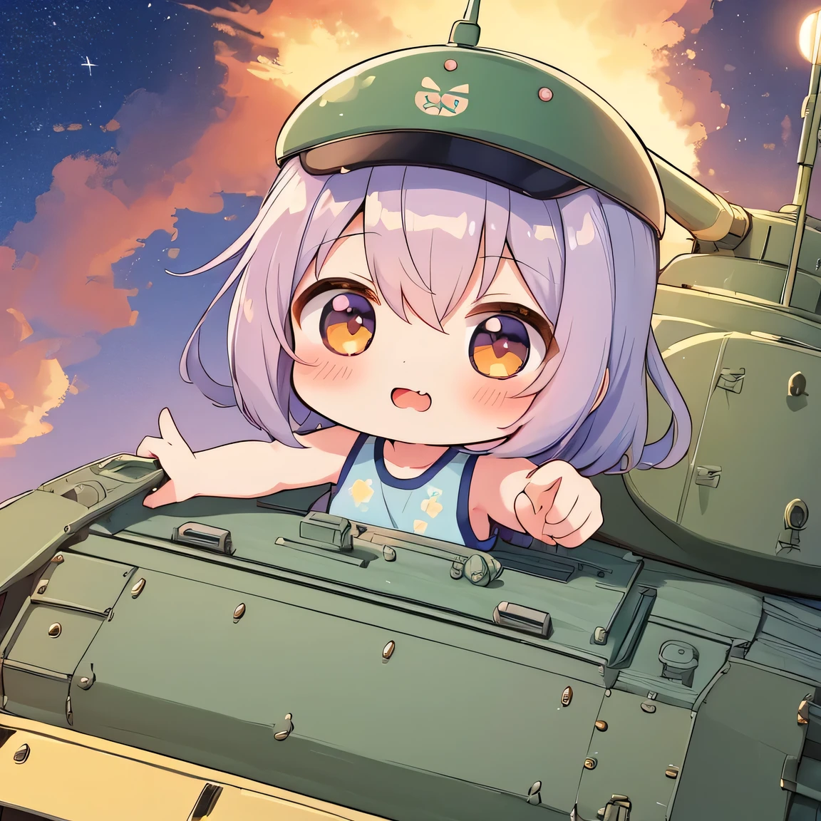 ((masterpiece)), ((best quality)), (ultra-detailed), ((kawaii)), cute, (lovely), illustration, anime style, a tank, ((chibi)), tank top, Beautiful girl with only her upper body sticking out of the commander's cupola of the tank. pointing forward.