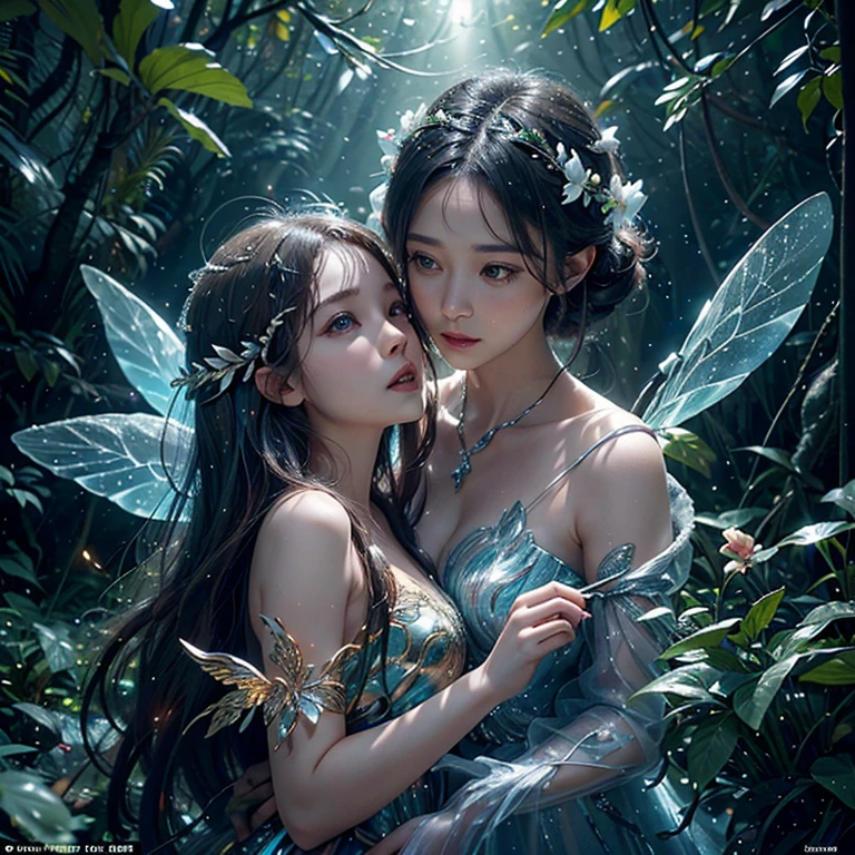 Fantastic snow and ice jungle,Many scattered crystal trees、Accessories、Shine in the center,Beautiful transparent flowers, Transparent colorful wings, The wand flutters in the wind、The wand flashed with starlight,Golden wand,transparent feathers,fanciful、Starskrim、cleanness、glimmering、Shineagnifica、Verdant、Light、with light glowing,Magic pictures,Delicate leaves and branches are surrounded by fireflies(nature elements),(Jungle theme),(Foliage),(tree branch),(glowworm),(Particle effect),Masterpiece, Super detailed, Epic composition, Highest quality, 8K,Epic romantic fantasy digital art,Epic fairy tale fantasy digital art,Mythological fantasy,tmasterpiece,high qulity,8K,UHD resolution,Detailed detail drawing,realisticlying,Very realistic,cinmatic lighting,an award winning photograph,rich colours,hyper realistic lifelike texture,dramatic lighting