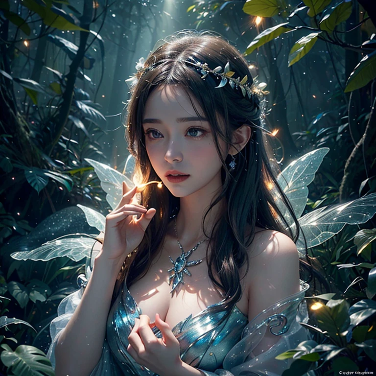 Fantastic snow and ice jungle,Many scattered crystal trees、Accessories、Shine in the center,Beautiful transparent flowers, Transparent colorful wings, The wand flutters in the wind、The wand flashed with starlight,Golden wand,transparent feathers,fanciful、Starskrim、cleanness、glimmering、Shineagnifica、Verdant、Light、with light glowing,Magic pictures,Delicate leaves and branches are surrounded by fireflies(nature elements),(Jungle theme),(Foliage),(tree branch),(glowworm),(Particle effect),Masterpiece, Super detailed, Epic composition, Highest quality, 8K,Epic romantic fantasy digital art,Epic fairy tale fantasy digital art,Mythological fantasy,tmasterpiece,high qulity,8K,UHD resolution,Detailed detail drawing,realisticlying,Very realistic,cinmatic lighting,an award winning photograph,rich colours,hyper realistic lifelike texture,dramatic lighting