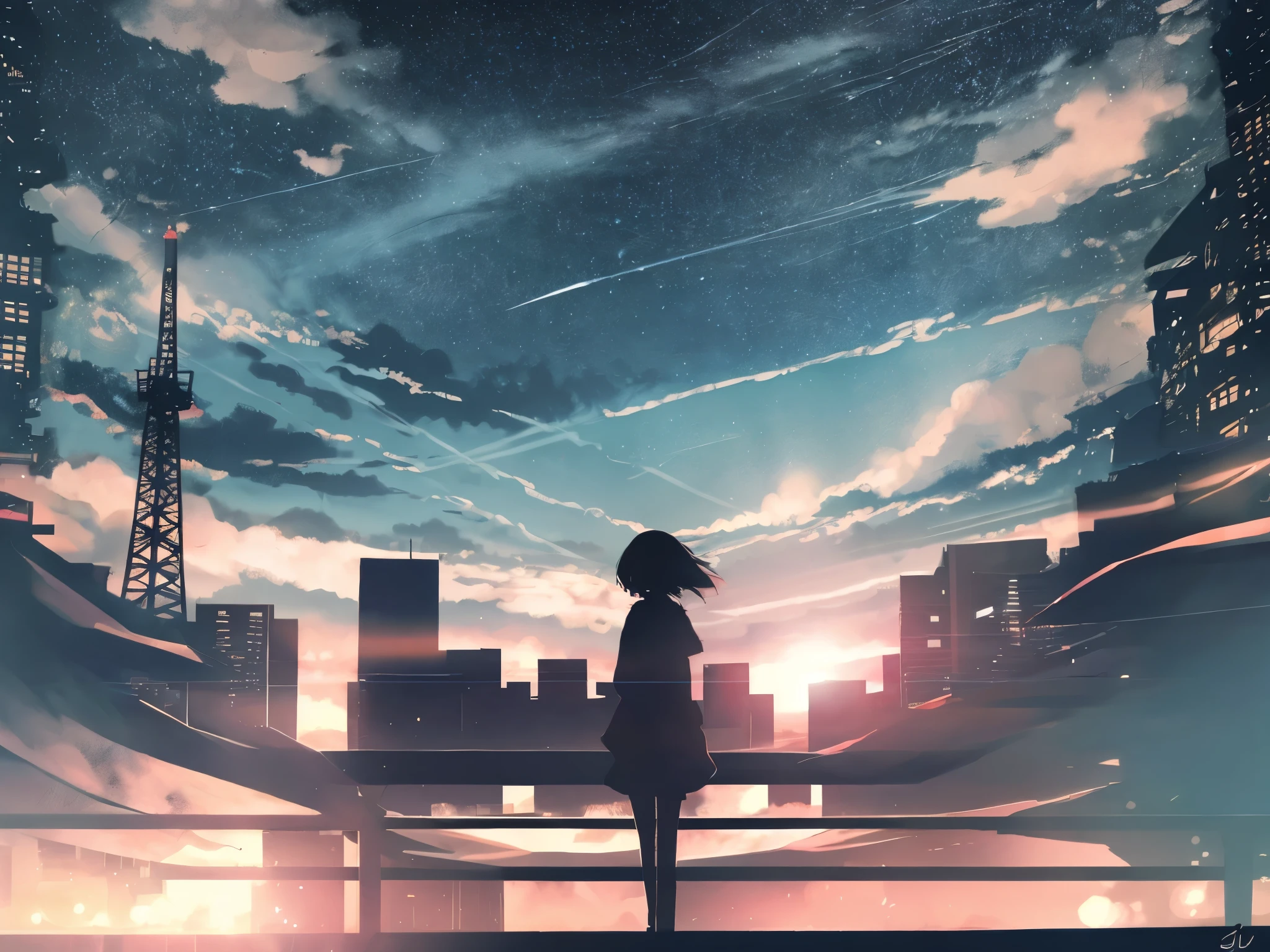 anime,silhouette,1girl, star (sky), cloud, cityscape, building, city, outdoors, skyscraper, city lights, night, night sky, sunset, skyline