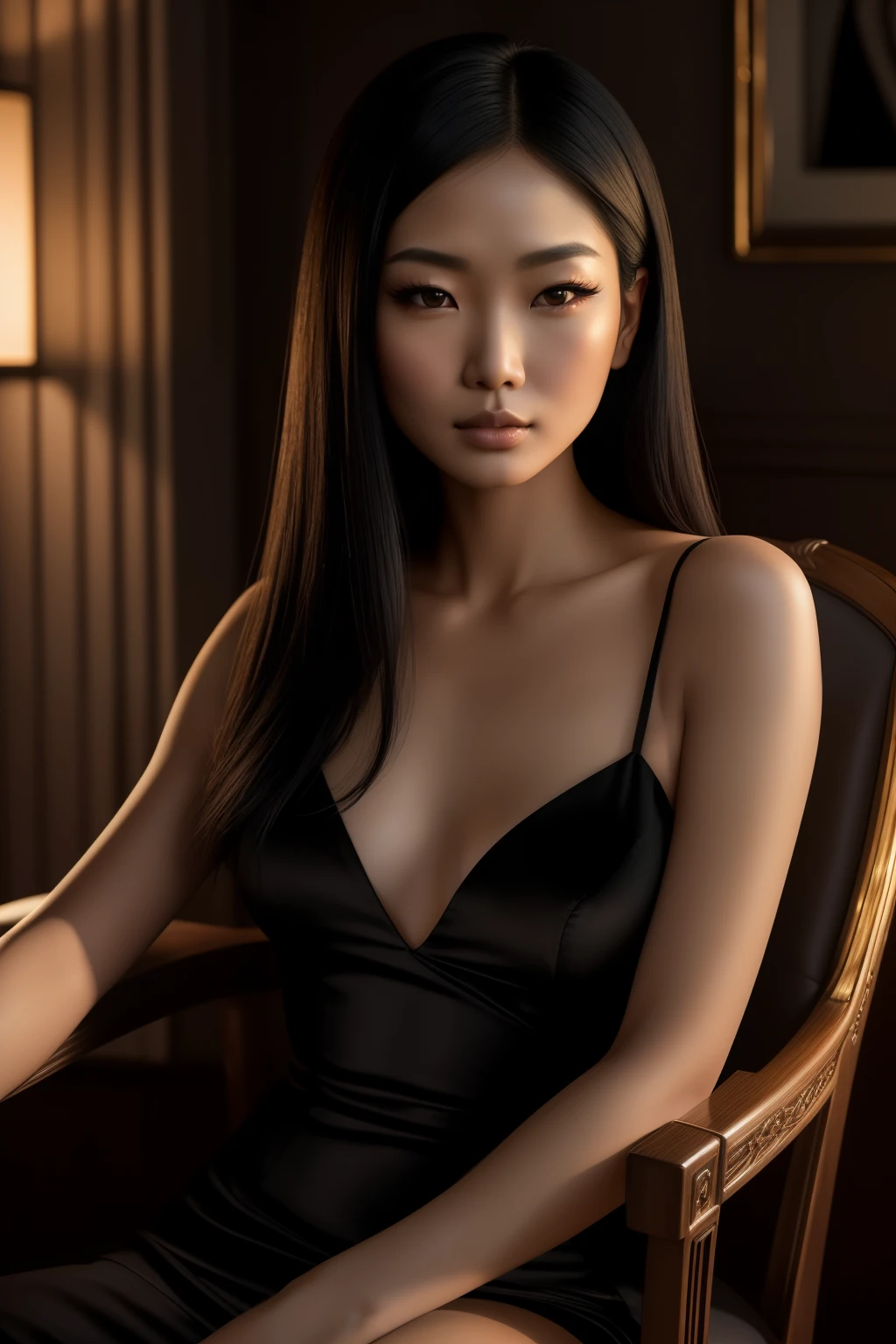 A 30-year-old Asian woman, raw, Stunning woman, (Mid-length straight black hair), slender figure, (Portrait), ((Detailed face:1.2)), ((exquisitely defined facial features)), porcelain skin, sitting on an elegant velvet chair, (Dimly lit room), sultry atmosphere, smoky air, (CCF filters), (cinematic style), ((realistic, artistic, high-definition texture)), ((emotionally evocative lighting)), shot on a Canon EOS R6, 85mm lens, F/1.4, RAW, Hollywood glamour, dramatic, evocative, cinematic