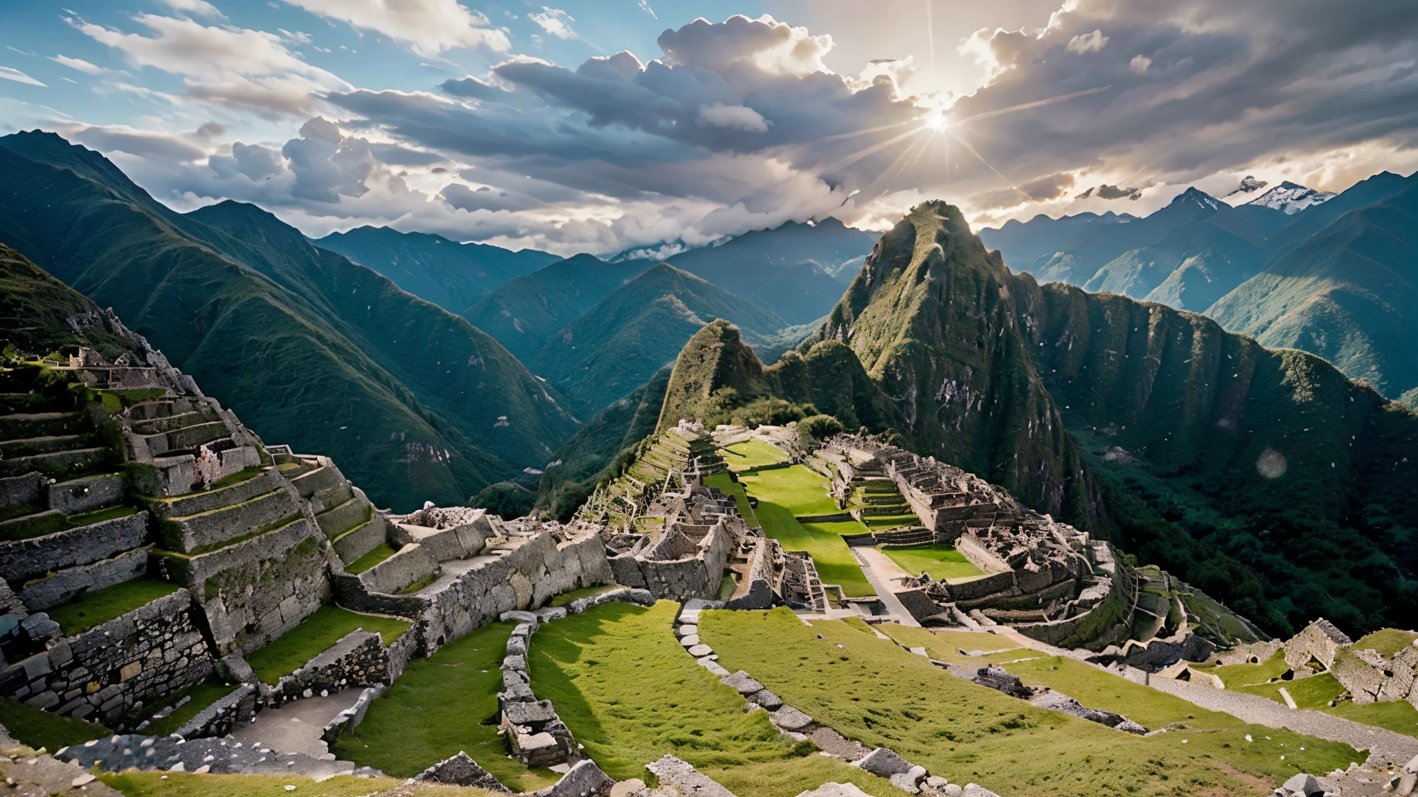Capture the essence of Machu Picchu in a single image: the sun-kissed peaks of the Andes looming majestically in the background, while the ancient stone structures of the Incan citadel perch precariously on the mountain ridge. Let the play of light and shadow evoke the mystique of this legendary site, hinting at the secrets it holds within its weathered walls. Show the harmony between nature and human ingenuity, the convergence of history and breathtaking beauty, in a visual homage to one of the world's most iconic landmarks.