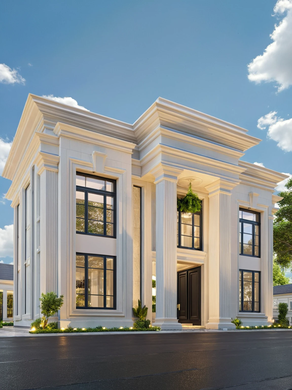 Architectural style Architectural style,  ((Classic Style House)),(masterpiece) , ((best quality)), dramatic lighting, high quality outdoors, sky, day, cloud, tree, blue sky, building, scenery, road, real world location,  sunlight, enough detail, high resolution,super realistic, Photorealistic, highly detailed, balcony, plants, door, car, truck, parking slot, paving, . Clean lines, architectural drawing, highly detailed  , . Clean lines, geometric shapes, minimalist, modern, architectural drawing, highly detailed