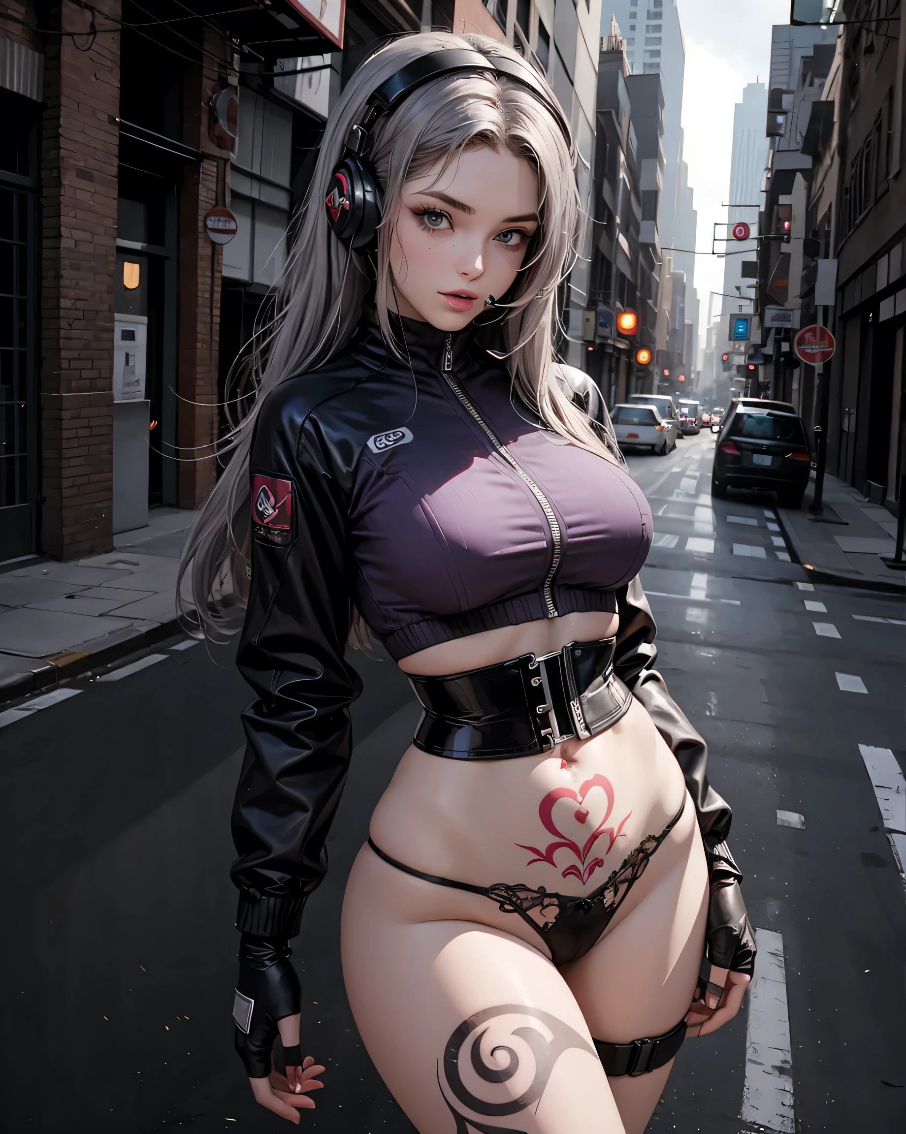One girl, Gray Hair, Long Hair, Techwear masterpiece, highest quality, Realistic, Dark purple jacket, Portraiture, Fine grain, Wearing the headset, Platinum Hair, 21 year old girl, Fashion pose, Half Body, Wide shot, on the road, cyber punk,(((He has many tattoos all over his body)), (((Tight waist))), (()),(See-through),panties