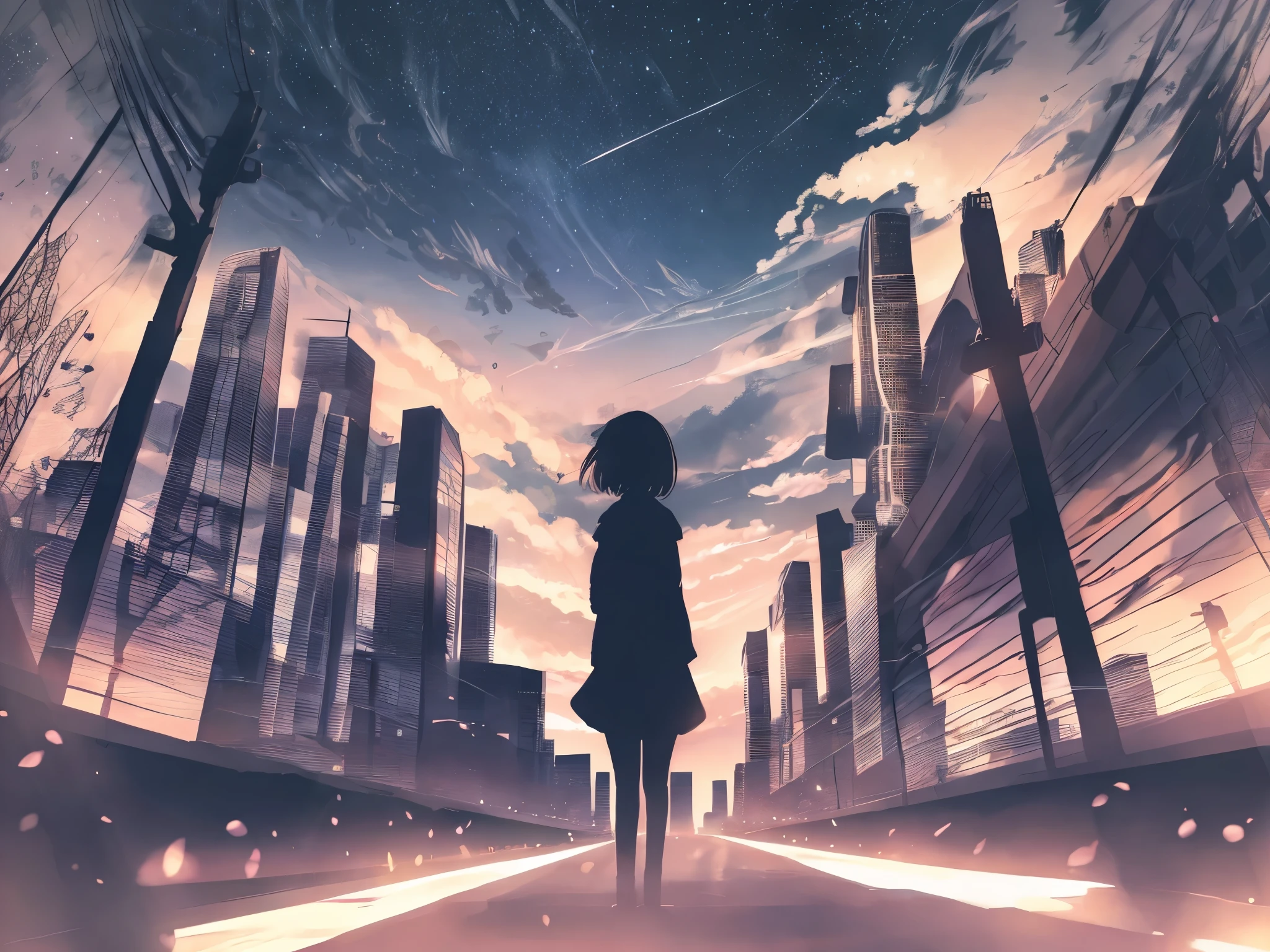 anime,silhouette,1girl, Back view、Blonde、star (sky), cloud, cityscape, building, city, outdoors, skyscraper, city lights, night, night sky, sunset, skyline