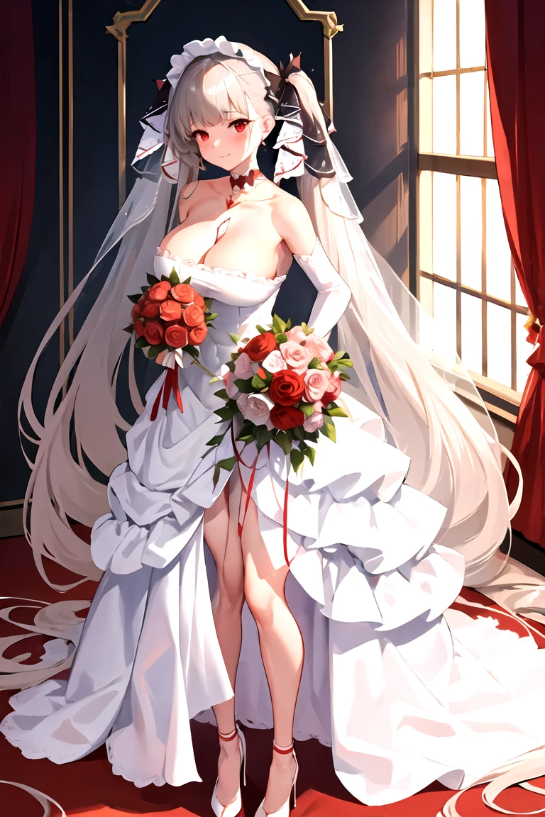 ((Masterpiece)), (best quality), 1girl, alternate costume, bare shoulders, bouquet, breasts, bridal veil, choker, church, cleavage, collarbone, dress, elbow gloves, flower, frilled choker, frills, full body, gloves, grey hair, hair bow, hair ribbon, high heels, holding bouquet, indoors, large breasts, long dress, long hair, looking at viewer, red eyes, red rose, red flower, ribbon, rose, smile, solo, standing, strapless, strapless dress, twintails, two-tone ribbon, veil, very long hair, wedding dress, white choker, white dress, white footwear, white gloves, formidable_azurlane