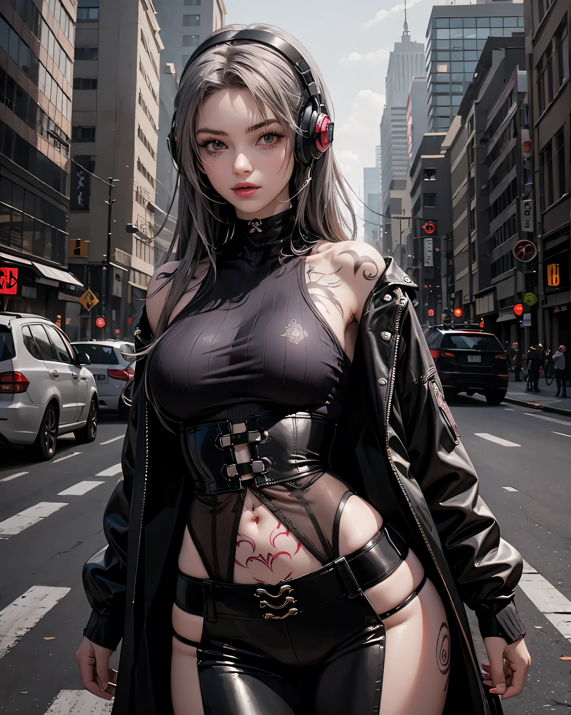 One girl, Gray Hair, Long Hair, Techwear masterpiece, highest quality, Realistic, Dark purple jacket, Portraiture, Fine grain, Wearing the headset, Platinum Hair, 21 year old girl, Fashion pose, Half Body, Wide shot, on the road, cyber punk,(((He has many tattoos all over his body)), (((Tight waist))), ((Big Breasts)),(See-through)，panties