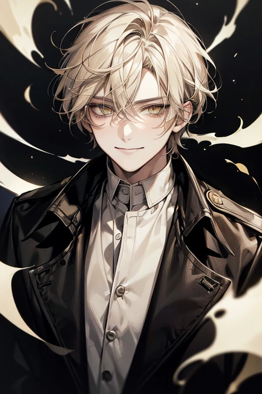 Masterpiece, solo, 1 male, short hair, blond hair, yellow eyes, smirk facial, black and white shirt, black coat