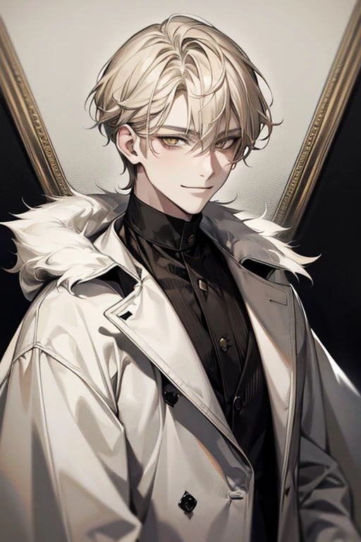 Masterpiece, solo, 1 male, short hair, blond hair, yellow eyes, smirk facial, black and white shirt, black coat