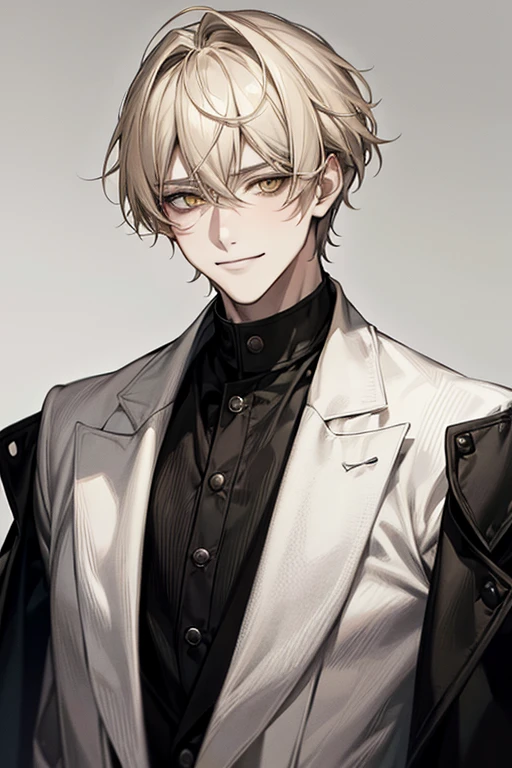 Masterpiece, solo, 1 male, short hair, blond hair, yellow eyes, smirk facial, black and white shirt, black coat
