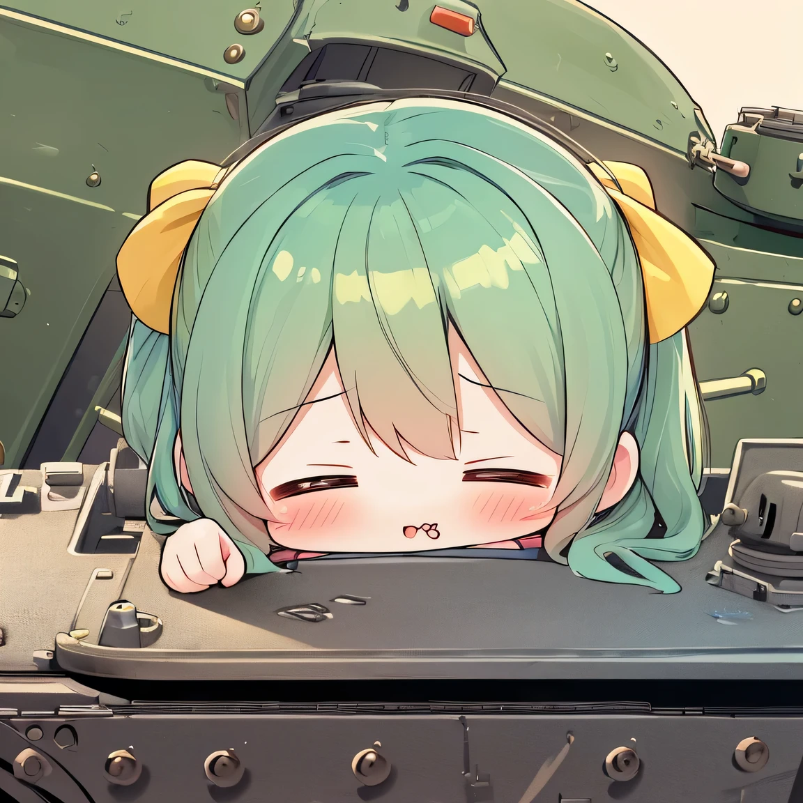 ((masterpiece)), ((best quality)), (ultra-detailed), ((kawaii)), cute, (lovely), illustration, anime style, a tank, ((chibi)), tank top, Beautiful girl with only her upper body sticking out of the commander's cupola of the tank. (pointing forward).