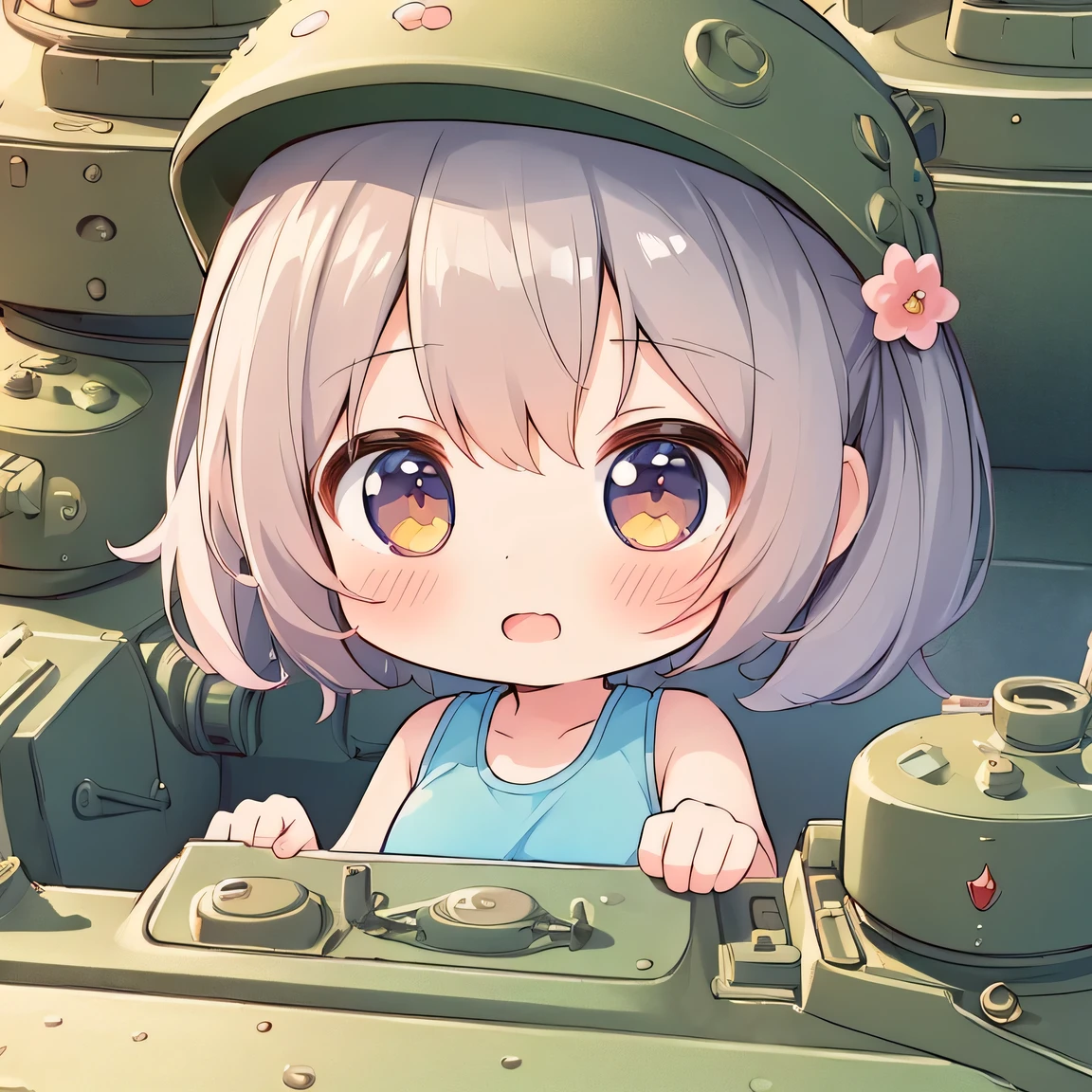 ((masterpiece)), ((best quality)), (ultra-detailed), ((kawaii)), cute, (lovely), illustration, anime style, a tank, ((chibi)), tank top, upper body focus, Beautiful girl with only her upper body sticking out of the commander's cupola of the tank. (pointing forward).