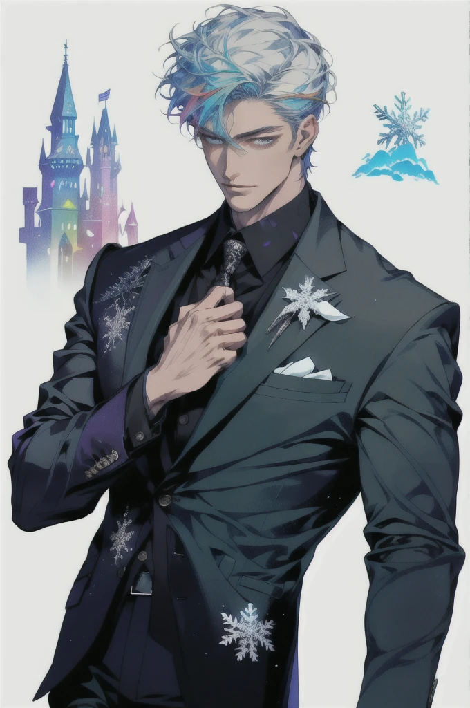 Realistic, (masterpiece, high quality, best quality, formal art), very detailed, colorful, most detailed, gods, short, (magic), handsome man, snowflake