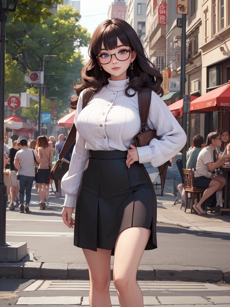 (masterpiece, professional photo:1.1), (8k, high resolution), single, solo women, European, (twirly curly messy hair (black)), sexy curve, beautiful face, ultra detail eyes, (glasses:1.1), large breast, (high waist accordion skirt:1.2), (purple high neck:1.2), sexy goddess, street, old beach side build, high quality image, voluptuous, ((Full Body Portrait))