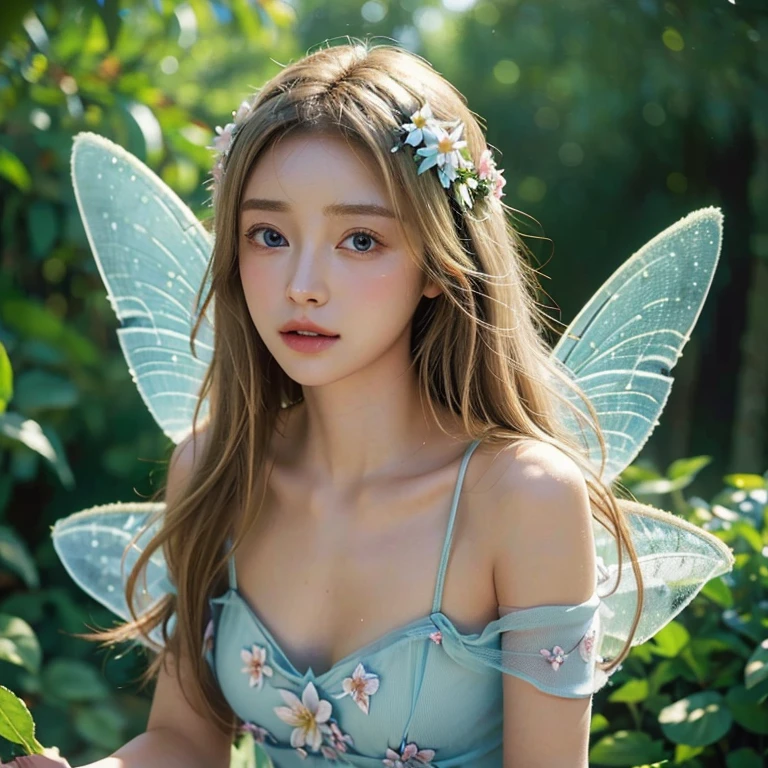 "((masterpiece level,The highest image quality)), hight resolution,Fairy air flutters,Warm background,Flower Fairy,fairy wings,(Scrub Skin:1.2)"Blonde hair,cropped shoulders,