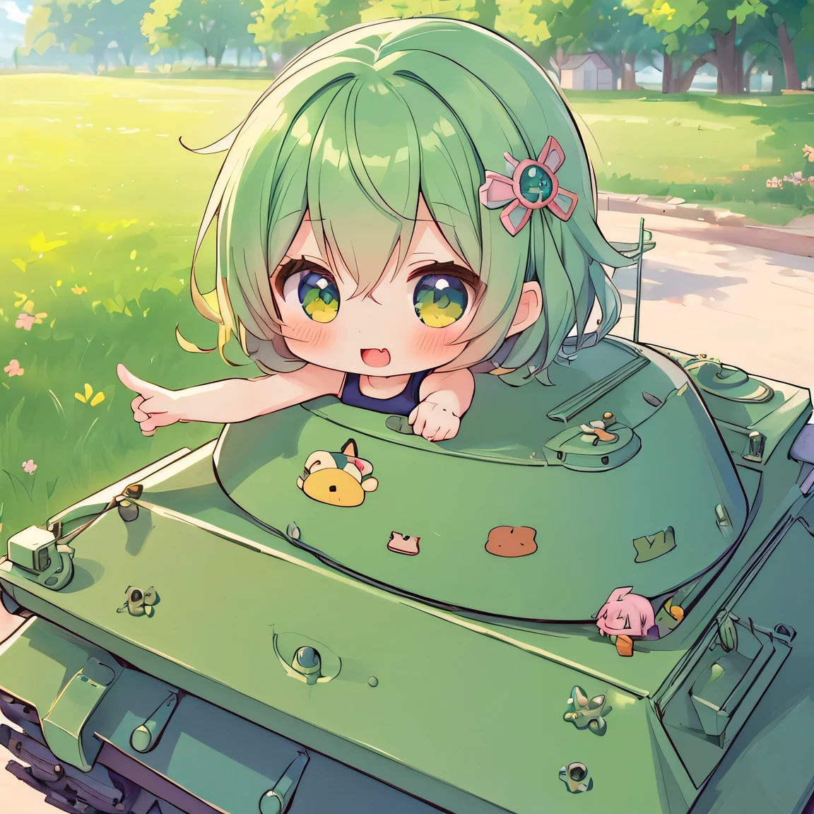 ((masterpiece)), ((best quality)), (ultra-detailed), ((kawaii)), cute, (lovely), illustration, anime style, a tank, ((chibi)), tank top, upper body focus, Beautiful girl with only her upper body sticking out of the commander's cupola of the tank. (pointing forward).
