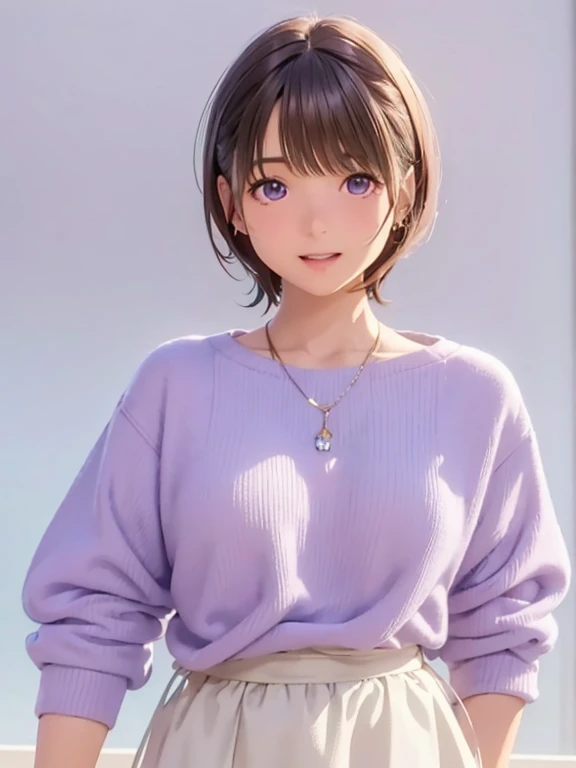 High resolution,In 8K,highest quality,detailed,Semi-realistic anime,Anime 3D Style,Smooth anime CG,One Girl,19-year-old woman in Japan,slim,Modeled,Shiny brown hair,Medium Hair,detailedな顔,Beautiful and detailed,Glowing Skin,Lilac sweater,necklace,straggling hair,Angelic hairstyle,Small breasts,(Observe the audience),((deep ultramarine eyes)),((Open your mouth)),(Laugh big))