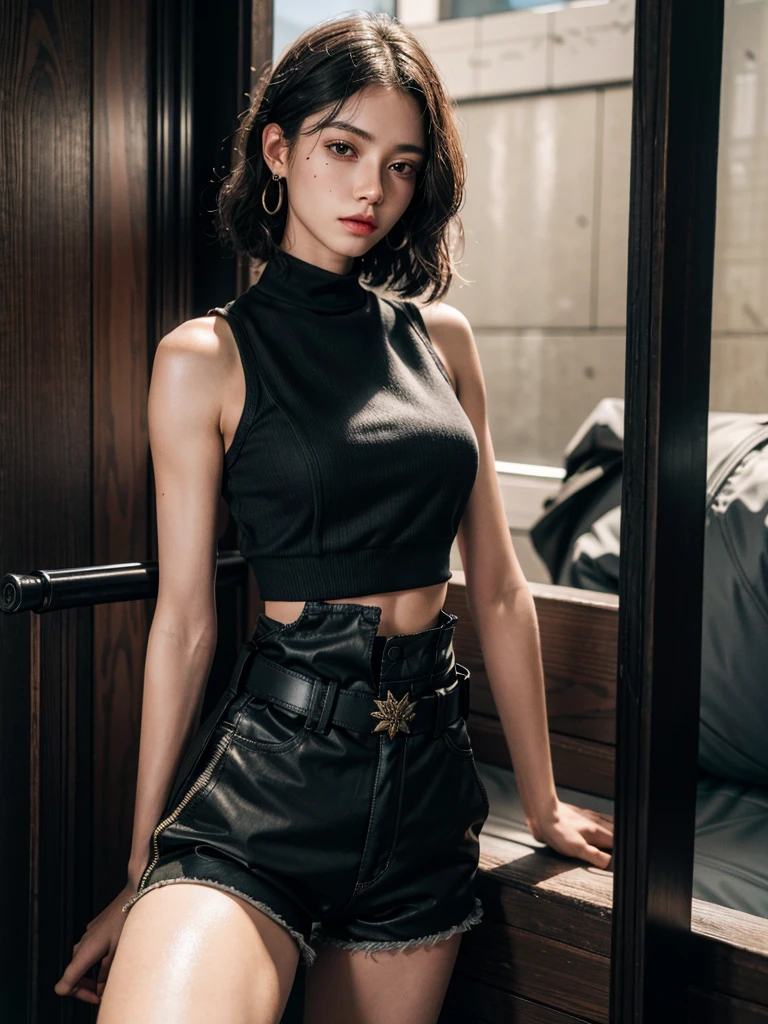 whole body, long sword, Black military uniform, Ladies' military vests, absurdres, RAW photo, extremely delicate and beautiful, masterpiece, Best Quality, ultra high resolution, 32k, hyperrealistic, ultra-detailed, tearful mole, earring, short medium hair, wavy hair, urban backdrop, shorts, midriff, 