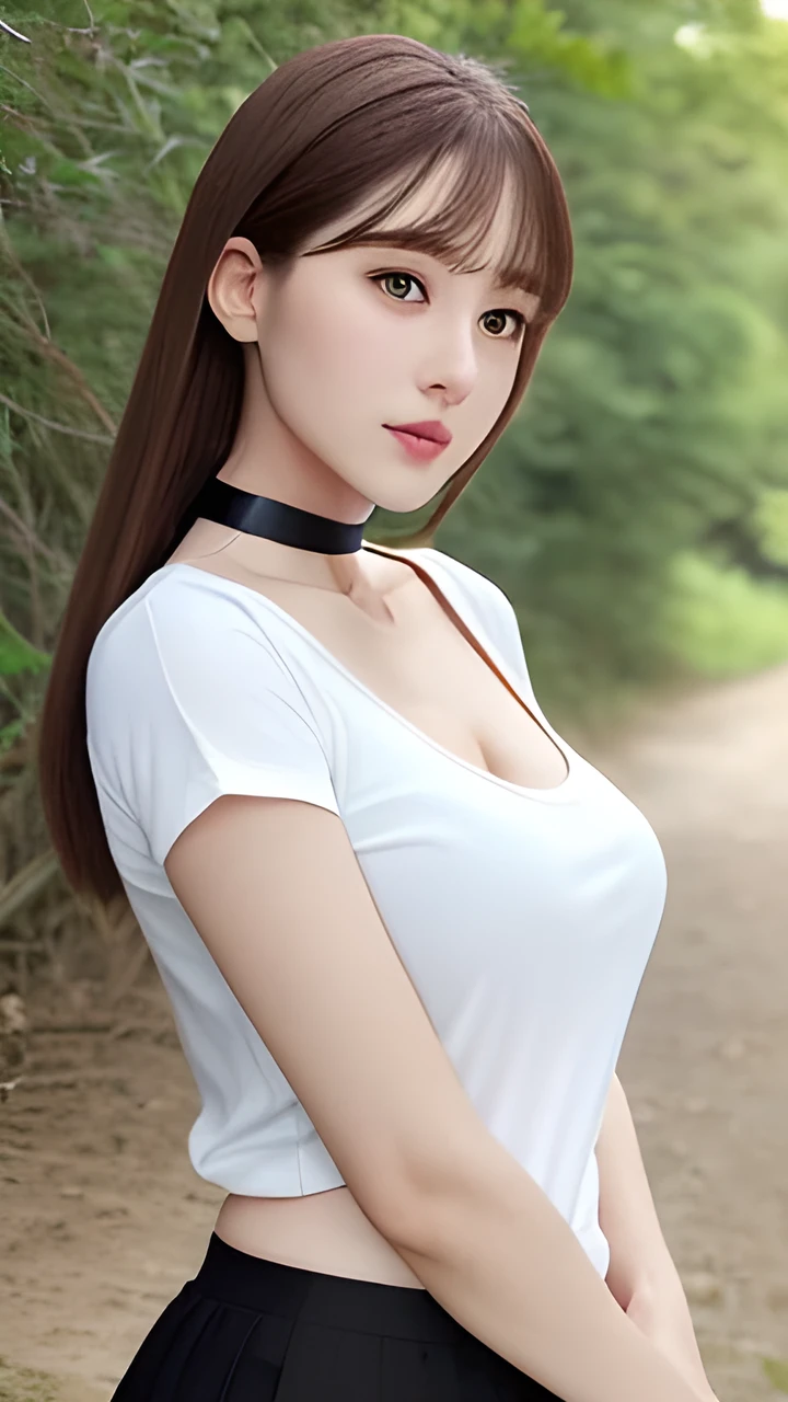 masterpiece, Front view, Cute Japanese aristocratic woman, (輝くBrown Hair, Straight Long Hair), ((Ivory tight T-shirt, mini skirt)), Very cute face, Glossy Lips, Double eyelids on both eyes, Natural Makeup, Brown Hair, Asymmetrical bangs, High resolution, Attention to detail, Detailed hairstyle, Detailed face, Octane Rendering, Ultra-realistic, Perfect limbs, ((Black choker)), blue eyes, (Big Breasts), ((Slim body:1.5)), Cool Beauty, ((Slim face)), smile, Mature Woman, Browsing Caution:-1.2, Long, Bushy Eyelashes, Cleavage, ((Rural outskirts)),