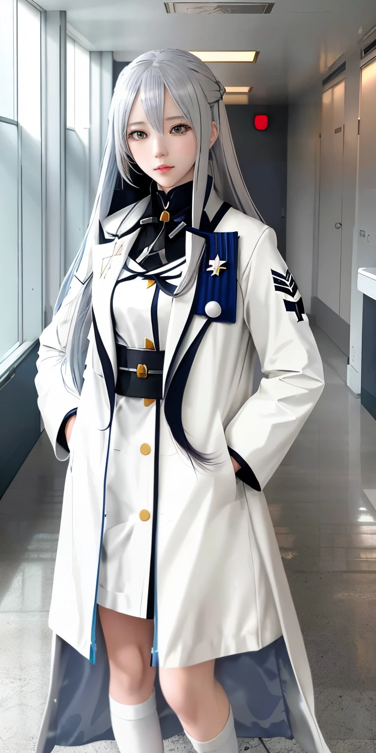 anime girl with long hair and white coat standing in a hallway, girls frontline style, from girls frontline, from arknights, portrait anime space cadet girl, cute anime girl, anime visual of a cute girl, silver hair girl, an anime girl, anime mecha aesthetic, anime aesthetic, beautiful anime portrait, portrait anime girl, pretty anime girl, beautiful anime girl