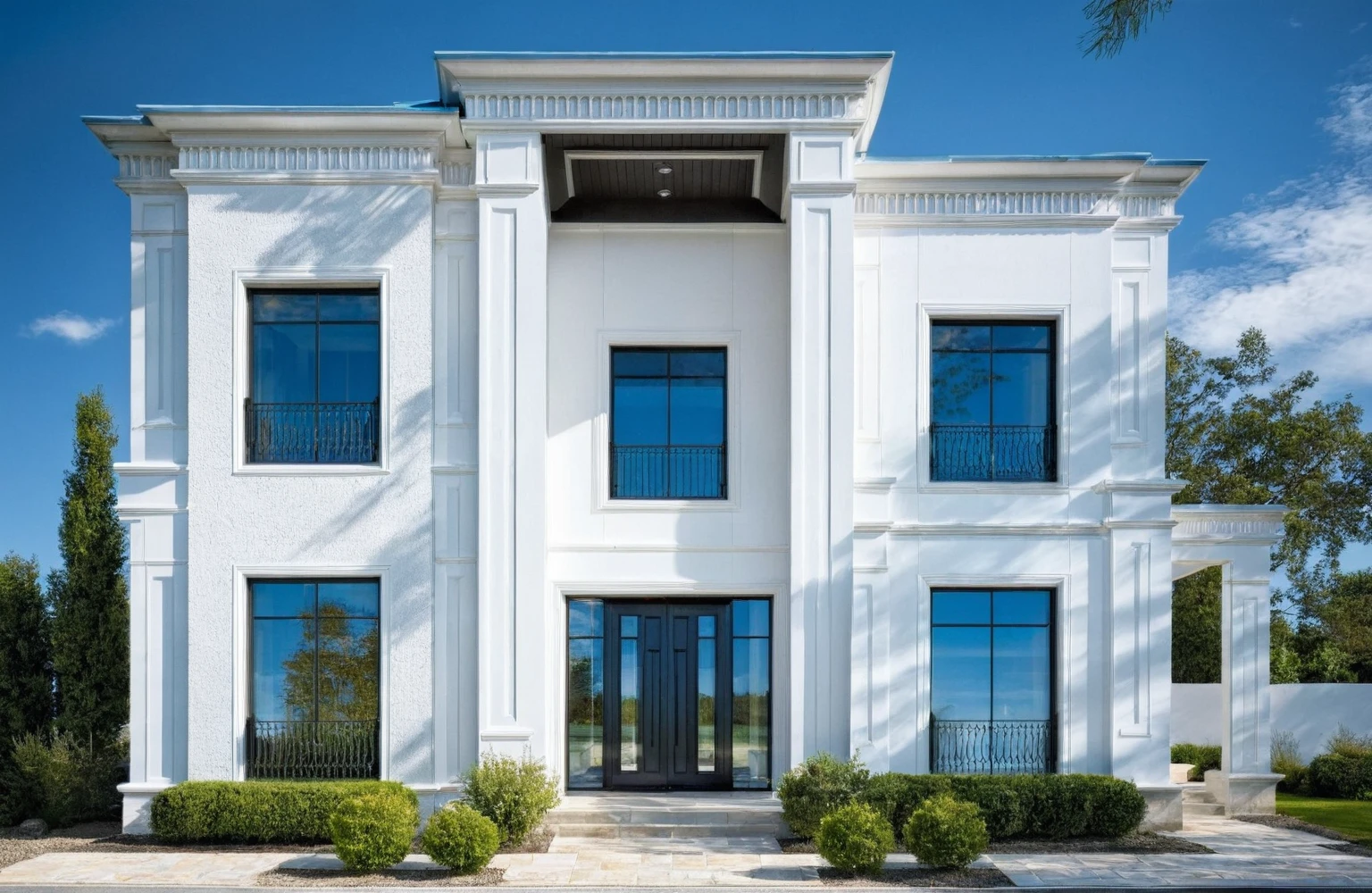 ((( exterior church :1.3 ))), contemporary style, white wall, STONE wall, GREY STEEL AND GLASS door window, (realistic:1.1), Masterpiece, high quality, best quality, authentic, super detail, outdoors,road,pavement, grass, trees, sky, cloud, (daylight:1.3), BLUE ROOF