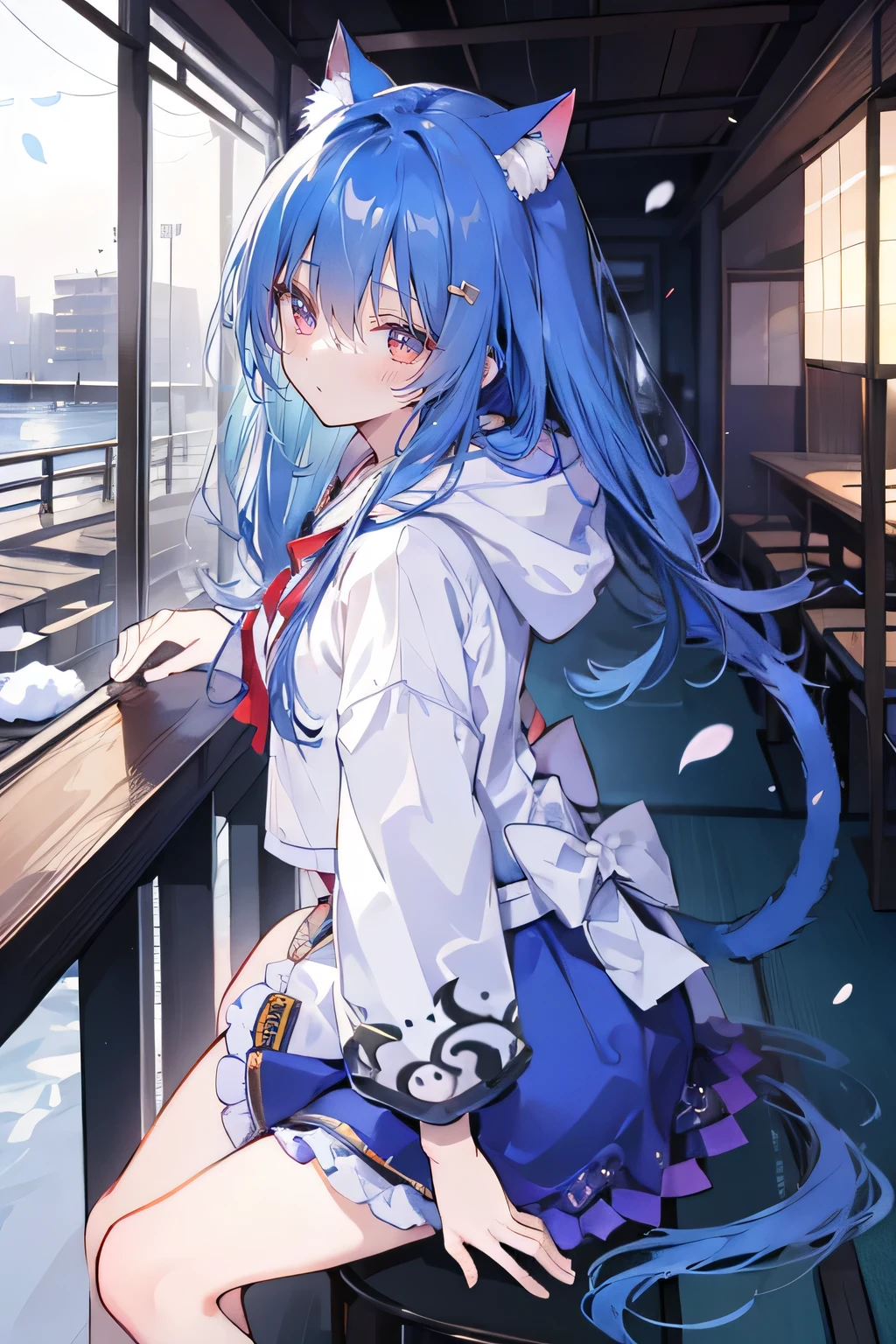 （masterpiece：1.2），Super detailed，lifelike，Expressive eyes，fair skin，perfect face shape，1 girl，
Japanese comics,Gorgeous blue hair,flowing blue hair,flowing clothes,Cat ears,Petals fall,beautiful lola,Baby Angel,
Shaking head with one hand，Cross your legs，Gentle and peaceful background，The pavilion is cool and comfortable,smile, wearing hoodie, background of tokyo,back views,snowing, winter.