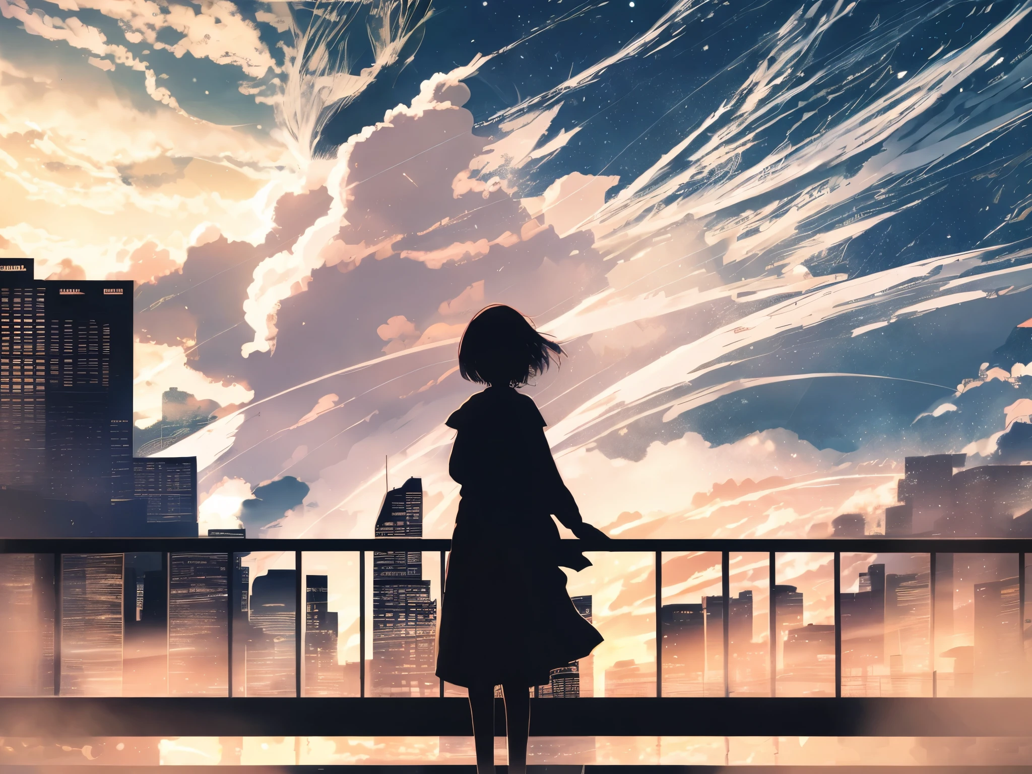 anime,silhouette,1girl, Back view、Blonde、Cigarette smoke、star (sky), cloud, cityscape, building, city, outdoors, skyscraper, city lights, night, night sky, sunset, skyline