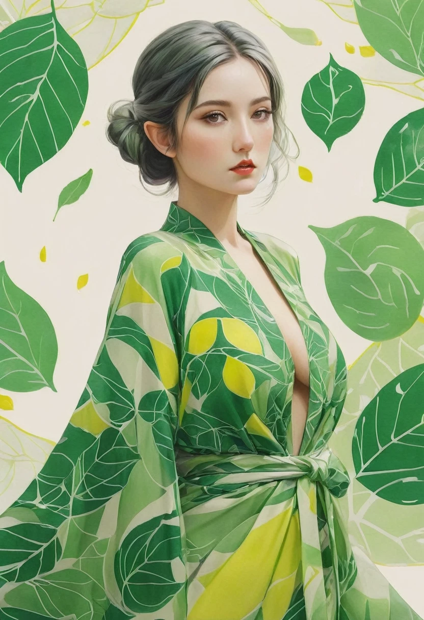 Elf female, feminine look, sexy hair, green outfit, leaves around body, swirling air movement, wide angle, full body view, loose fabric, geometric shapes, small breasts, lemon pattern kimono, rated R, dye hair, Bauhaus, geometric shapes