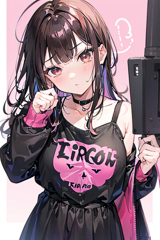 best quality, anime punky girl, big dark brown eyes, freckled face, pink lips, thick mid-length wavy dark brown hair (no bangs), hourglass body, very short, dark tomboy emo clothing, pissed off expression. Flipping off camera (middle finger), rolling eyes and glaring. Dark but colorful backround.