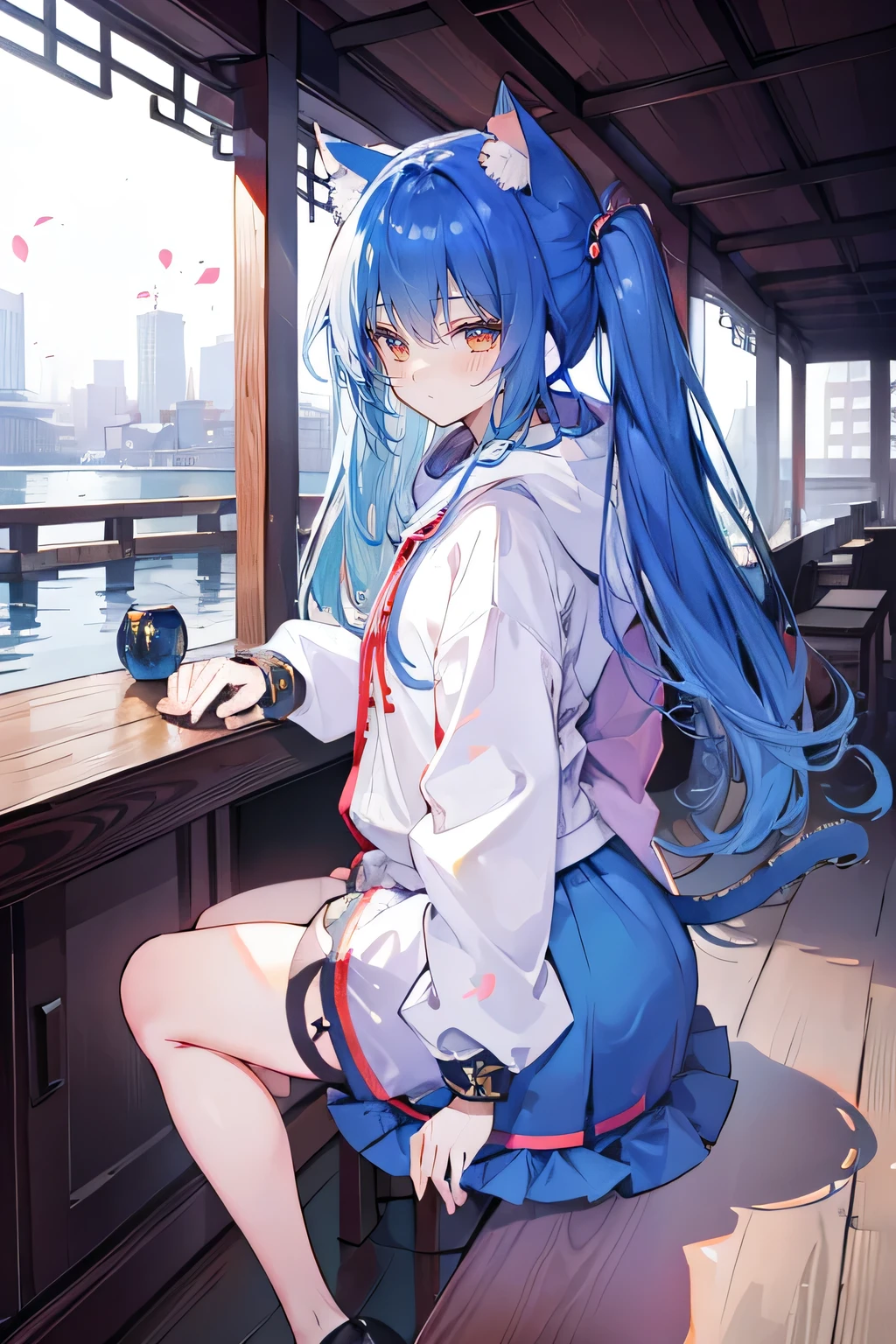 (masterpiece:1.2),Super detailed,lifelike,Expressive eyes,fair skin,perfect face shape,1 girl,
Japanese comics,Gorgeous blue hair,flowing blue hair,flowing clothes,Cat ears,Petals fall,beautiful lola,Baby Angel,
Shaking head with one hand,Cross your legs,Gentle and peaceful background,The pavilion is cool and comfortable,smile, wearing hoodie, background of tokyo,back views,snowing, winter.