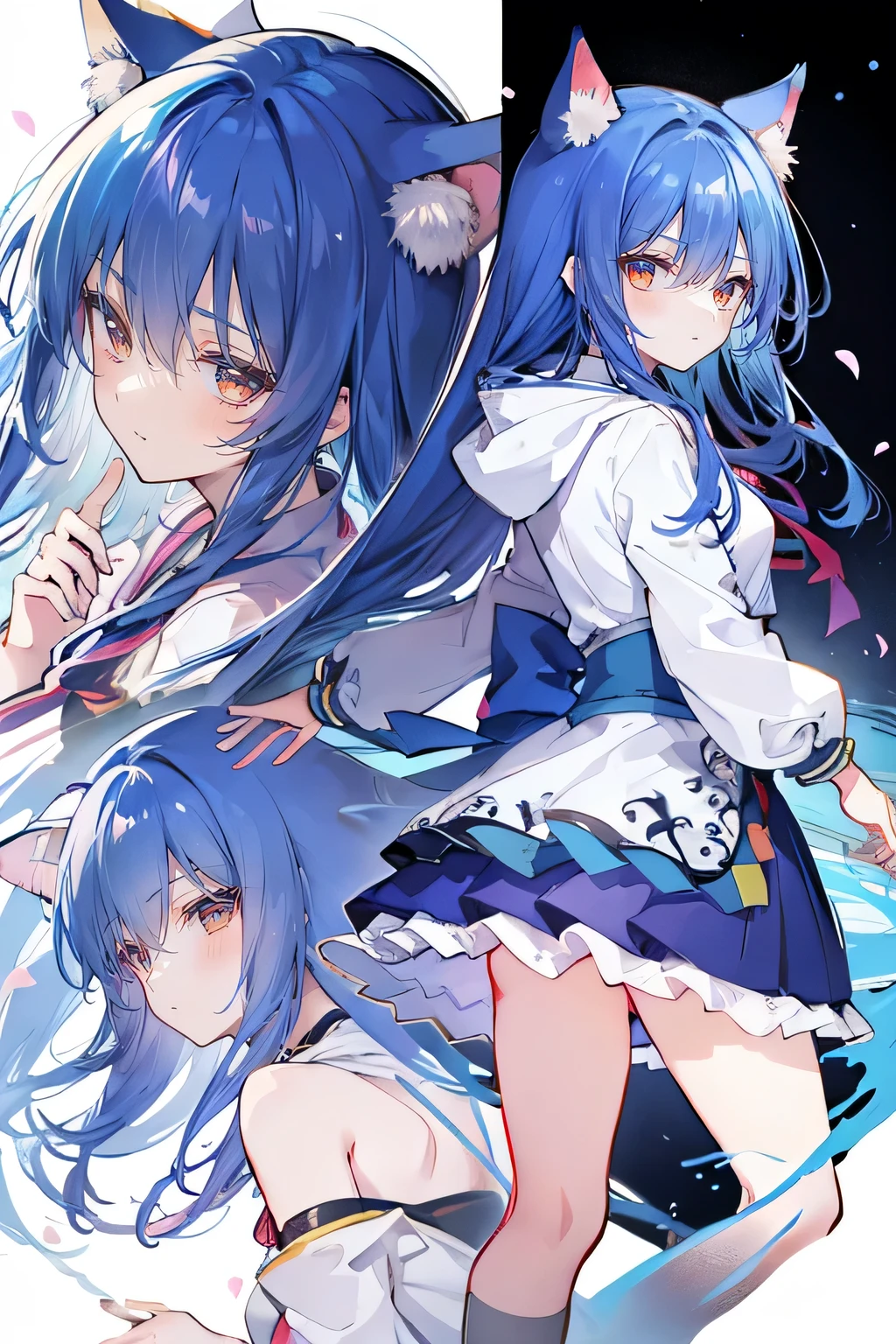 (masterpiece:1.2),Super detailed,lifelike,Expressive eyes,fair skin,perfect face shape,1 girl,
Japanese comics,Gorgeous blue hair,flowing blue hair,flowing clothes,Cat ears,Petals fall,beautiful lola,Baby Angel,
Shaking head with one hand,Cross your legs,Gentle and peaceful background,The pavilion is cool and comfortable,smile, wearing hoodie, background of tokyo,back views,snowing, winter.
