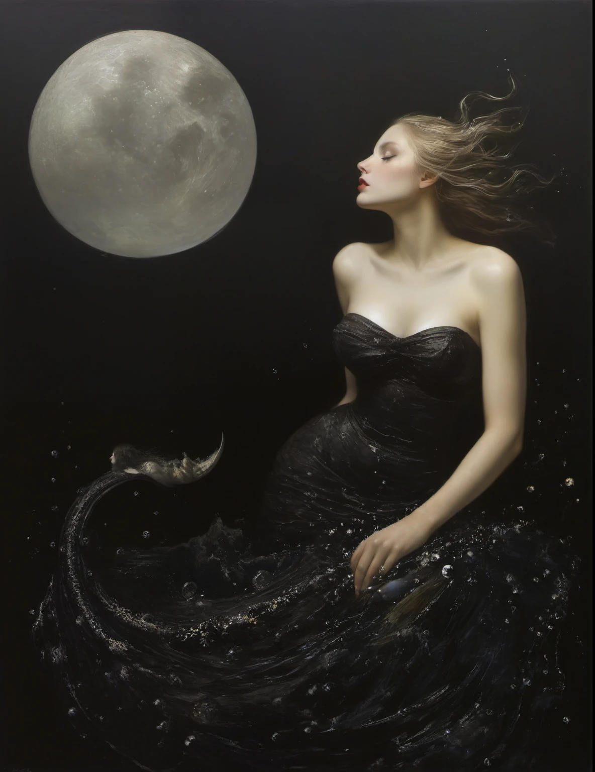 James Gurney, Surrealist art , dream-like, Mysterious, Provocative, symbolic, Complex, detailed,, (Gothic but very beautiful:1.4), (masterpiece, highest quality:1.4) , Nicola Samori Style, The moon kissed the mermaid 
