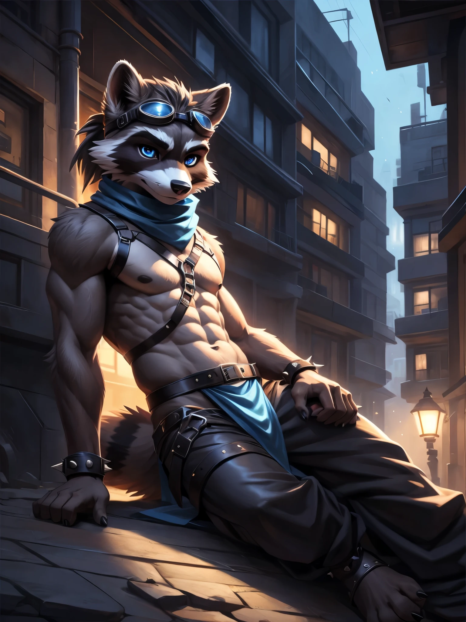 Furry shota, wolf, black hair, long spiky ponytail, blue eyes, detailed body fur, ((goggles, blue hawaiian shirt, open clothes, one shoulder off, black swim trunks)), looking at another, fangs, clear grey body fur, detailed face, big eyebrows, detailed eyes, detailed body, detailed body fur, detailed hands, glistering body, shiny body, skinny, uper body, injured, dirt on the body, damaged clothes, bruises, sassy face, Dungeon, solo,