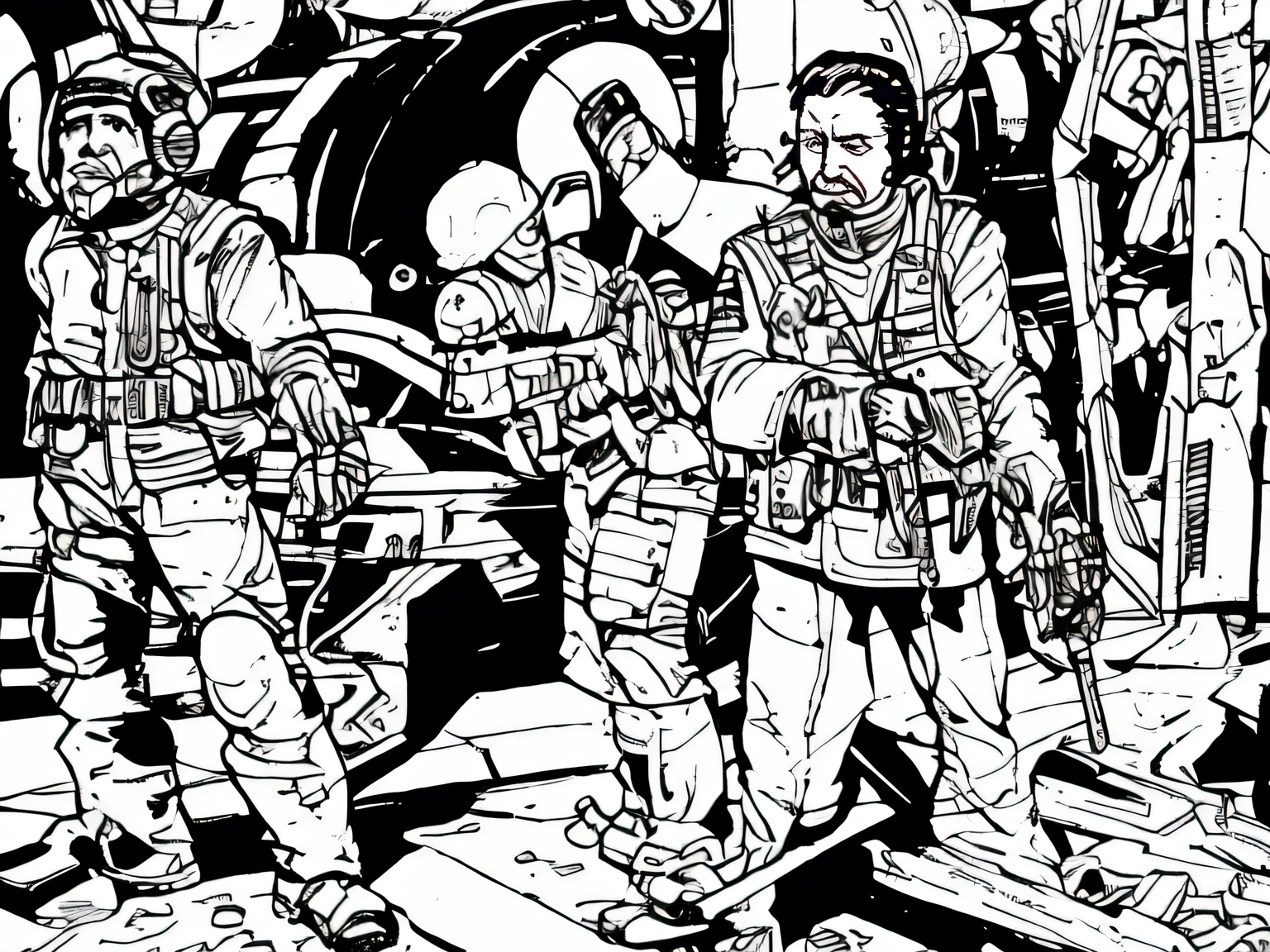 ((grey scale)), man, woman, vest, sci-fi, pistol, tools, weapons, suit, speaking, worn out, guards, helmet, neurohelmet, pilot, guard, rifle, holster, ballistic vest, boots