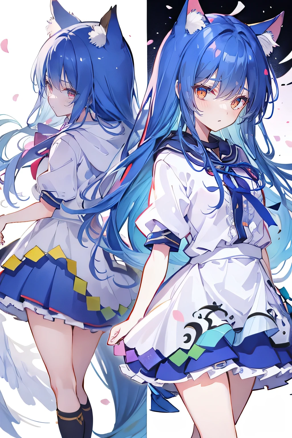 （masterpiece：1.2），Super detailed，lifelike，Expressive eyes，fair skin，perfect face shape，1 girl，
Japanese comics,Gorgeous blue hair,flowing blue hair,flowing clothes,Cat ears,Petals fall,beautiful lola,Baby Angel,
Shaking head with one hand，Cross your legs，Gentle and peaceful background，The pavilion is cool and comfortable,smile, wearing hoodie, background of tokyo,back views,snowing, winter.