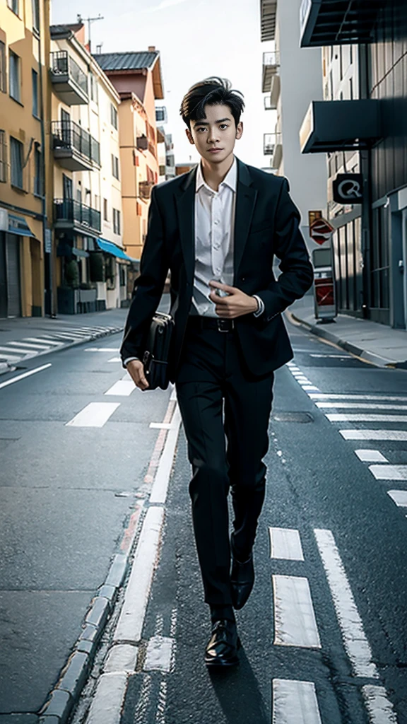 Boy with briefcase walking on the road