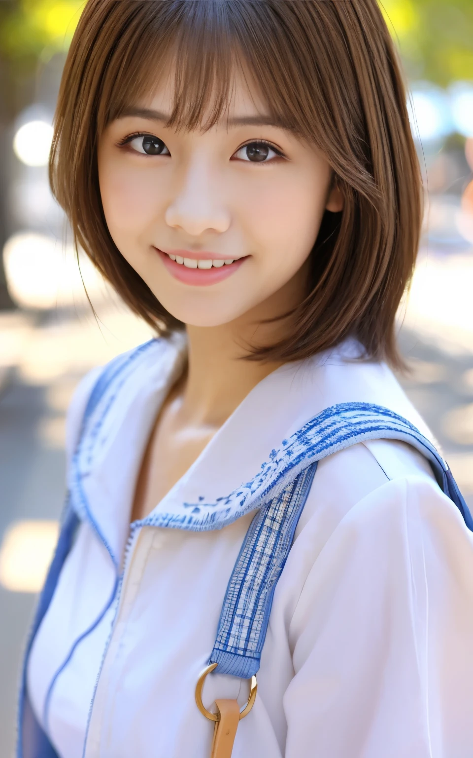 Cute 21 year old Japanese、city、shopping、Super detailed face、Pay attention to the details、double eyelid、Beautiful thin nose、Sharp focus:1.2、Beautiful woman:1.4、(Light brown hair,short hair、),Pure white skin、highest quality、masterpiece、Ultra-high resolution、(Photorealistic:1.4)、Highly detailed and professional lighting、nice smile、Please show me your whole body、Cute Spring Clothes、