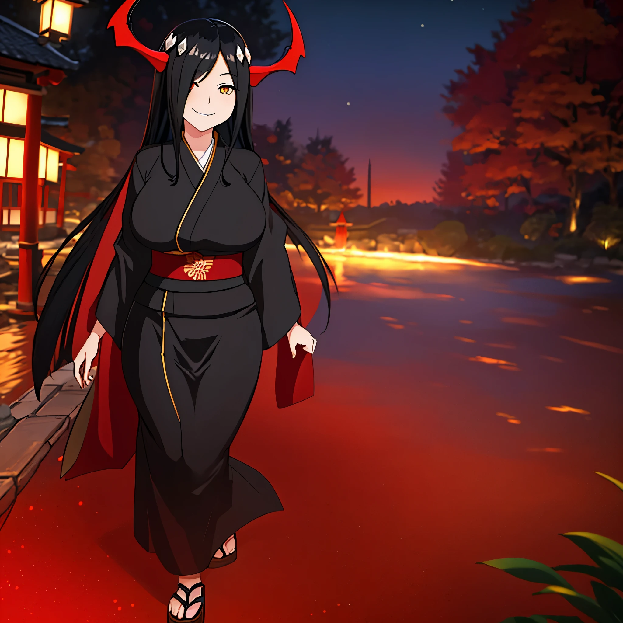 A woman wearing a long black yukata with red and gold details, long black hair, red horns, long red fur cape, yellow eyes, smiling, walking in a Japanese garden at night, traditional Japanese arch in the background, big breasts,Surrealism, drop shadow, anaglyph, stereogram, tachi-e, pov, atmospheric perspective, 8k, super detail, ccurate, best quality, award winning, textured skin, highres, anatomically correct, (woman solo)
