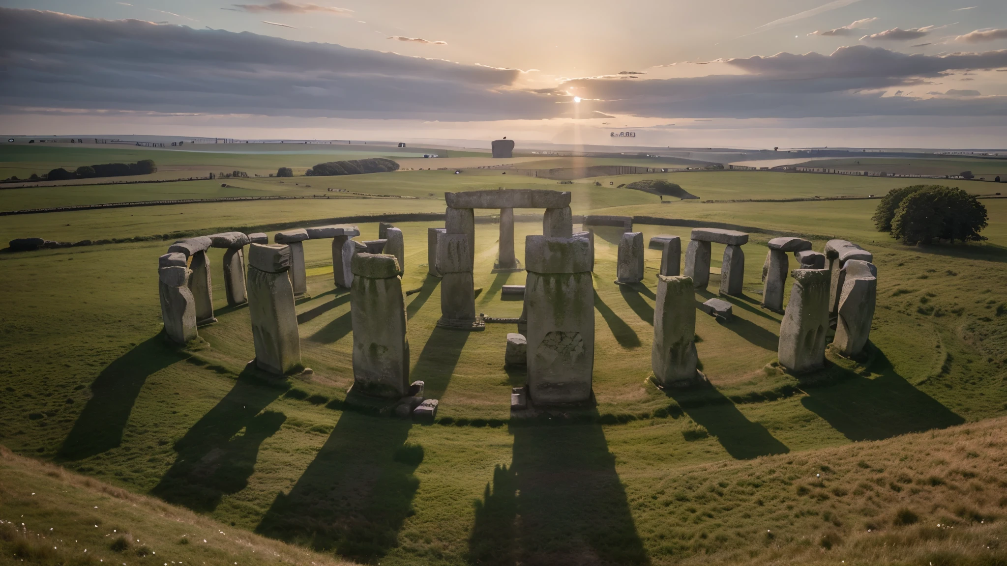 Create an evocative image that captures the enigmatic allure of Stonehenge in England. Picture the towering stone monoliths standing sentinel amidst the vast Salisbury Plain, their weathered surfaces bearing the weight of centuries of mystery and speculation. Let the soft hues of dawn or dusk paint the sky, lending an ethereal quality to the scene as shadows dance among the ancient stones. Incorporate the surrounding landscape, with its rolling hills and whispering winds, to convey the timeless connection between this Neolithic marvel and the natural world. Through your image, invite viewers to ponder the secrets of Stonehenge and to marvel at the enduring legacy of human creativity and curiosity.