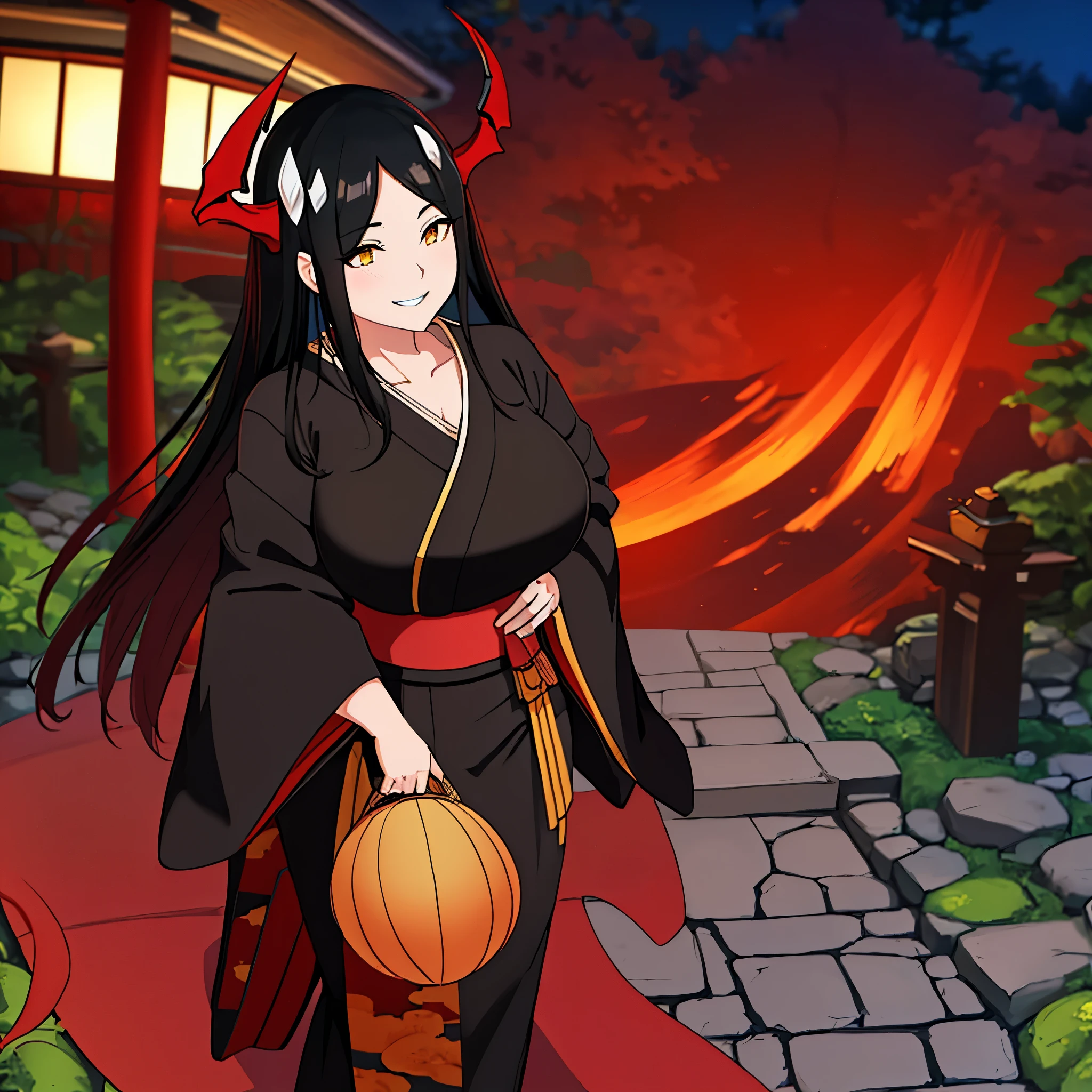 A woman wearing a long black yukata with red and gold details, long black hair, red horns, long red fur cape, yellow eyes, smiling, walking in a Japanese garden at night, traditional Japanese arch in the background, big breasts,Surrealism, drop shadow, anaglyph, stereogram, tachi-e, pov, atmospheric perspective, 8k, super detail, ccurate, best quality, award winning, textured skin, highres, anatomically correct, (woman solo)
