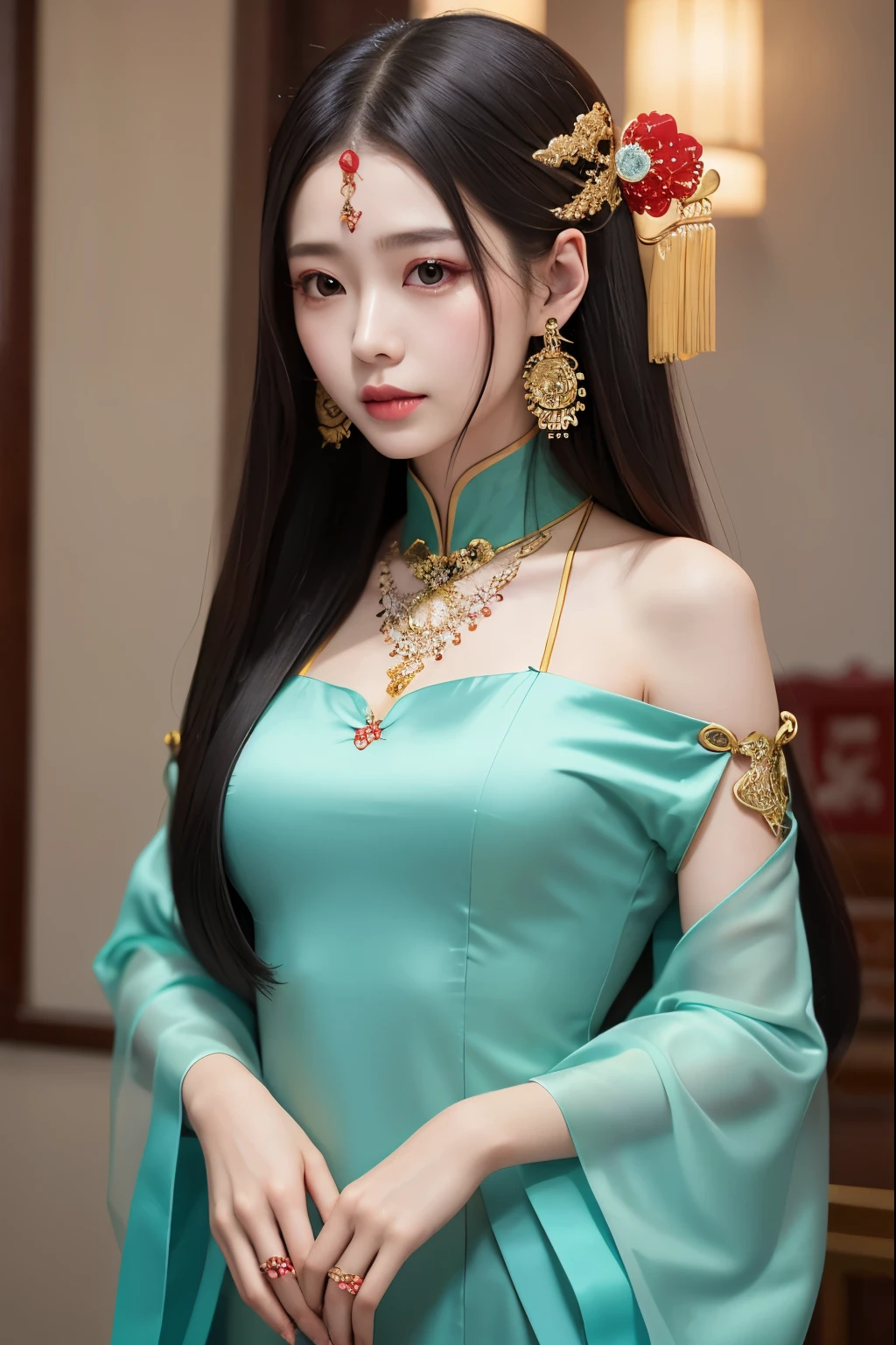 1girl, long_hair, portrait, upper body, china transparent silk dress, dress, hair ornament, necklace, jewelry, long hair, earrings, chinese clothes