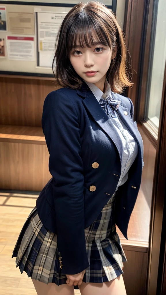 masterpiece, best quality, illustration, Super detailed, fine details, High resolution, 8K,wall paper, perfect dynamic composition,(Details High quality, realistic depiction of eyes:1.3), from side, High School Classroom、High school girl uniform、blazer 、Super Short Check Uniform Skirt、Navy blue high socks、garterbelts、Colossal tits、Disturbed uniform, short hair, (wavy hair:1.2), short bob hair, black hair color, large breasts, Big Natural Color Lip, acrobatic pose, perfect body shape, crying a little、cold gaze, Harajuku style、20 year old girl、cute type, beautiful legs, hposing Gravure Idol, Voluptuous thighs