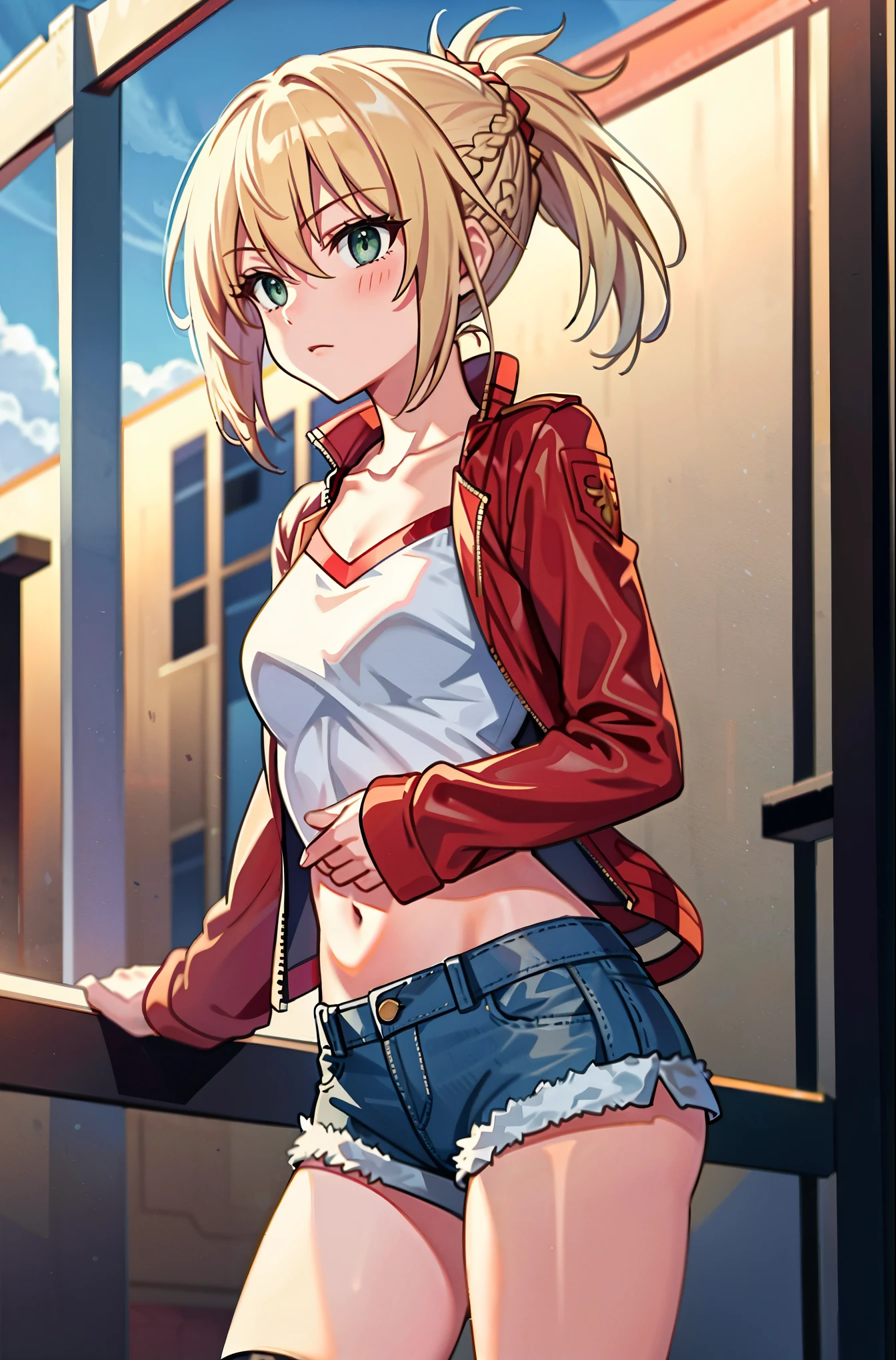 Masterpiece, Best Quality, illustration, city street, 1girl, Mordred \(fate\), cowboy shot, skinny, collarbone, Detailed blond hair ponytail braid, green eyes, Red leather jacket, White short blouse, denim shorts,navel,thigh-high,