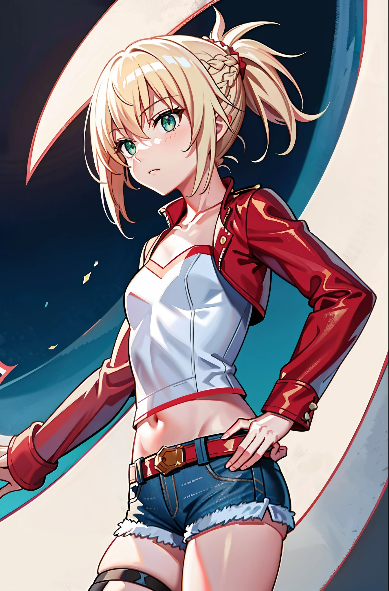 Masterpiece, Best Quality, illustration, city street, 1girl, Mordred \(fate\), cowboy shot, skinny, collarbone, Detailed blond hair ponytail braid, green eyes, Red leather jacket, White short blouse, denim shorts,navel,thigh-high,