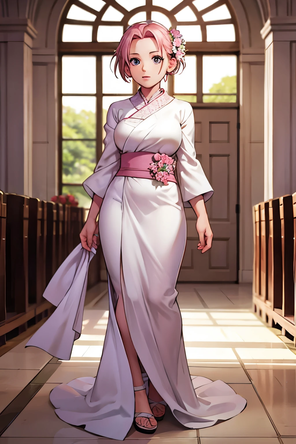 Sakura haruno, ((solo)), alone, bride, wearing a white wedding dress, queen, happy, ((forehead to show)), standing, entering the church, pink hair, short hair, delicate, young, short hair, detailed face, high definition, ((full body)), (flowers around her), full body, she is a beautiful woman getting married, face with high quality, beautiful, radiant